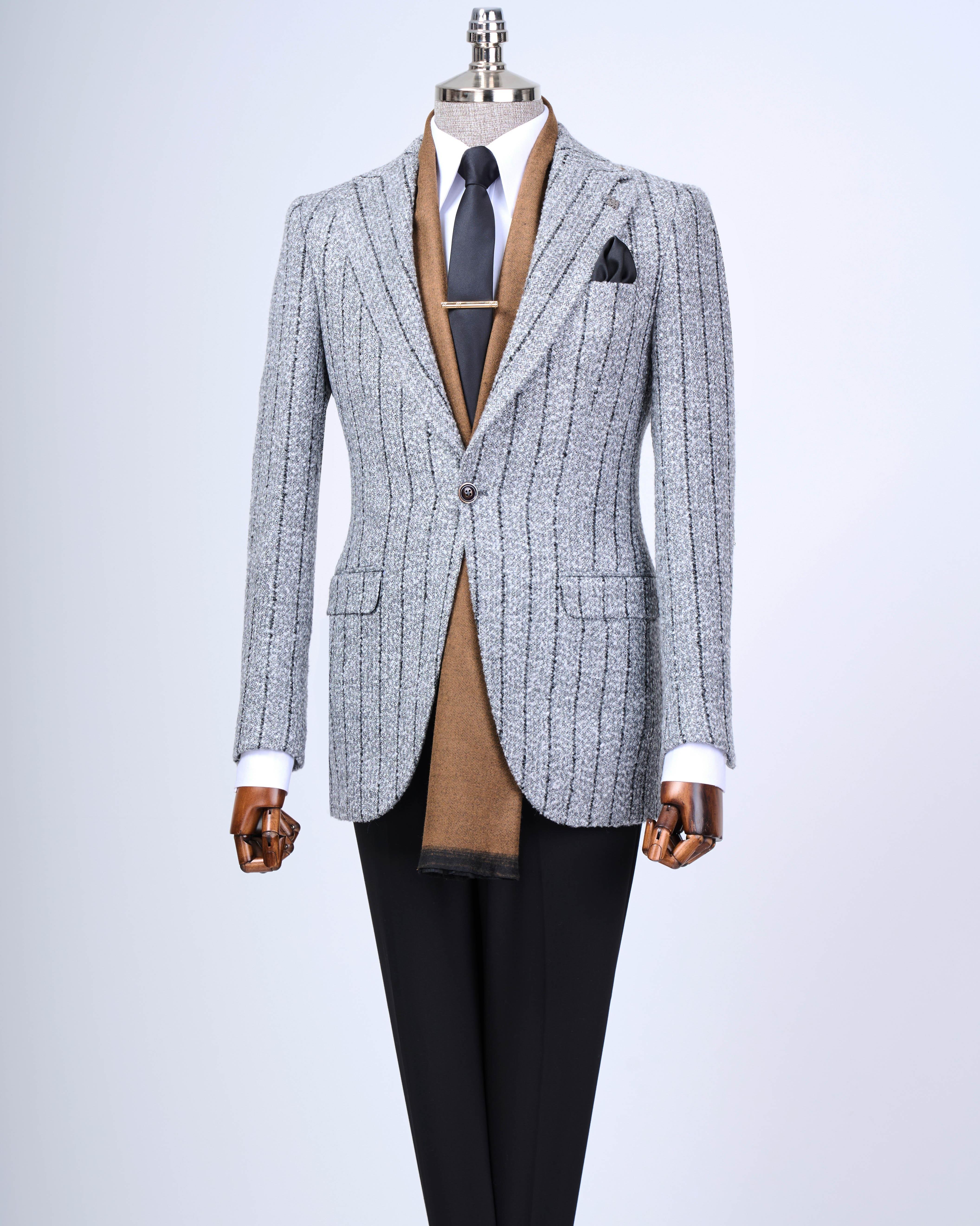 İtalyan stil slim fit mono yaka erkek tek ceket gri T13593