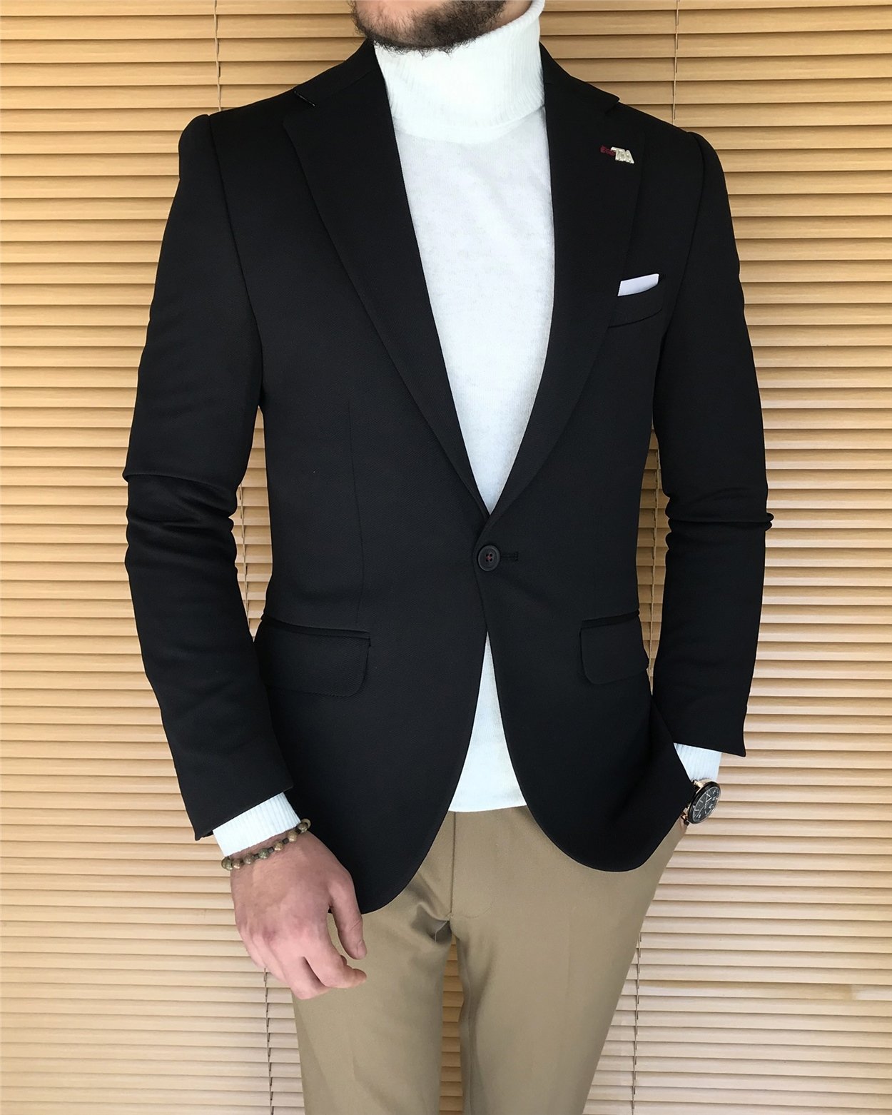 İtalyan stil slim fit mono yaka erkek tek ceket Siyah T8258
