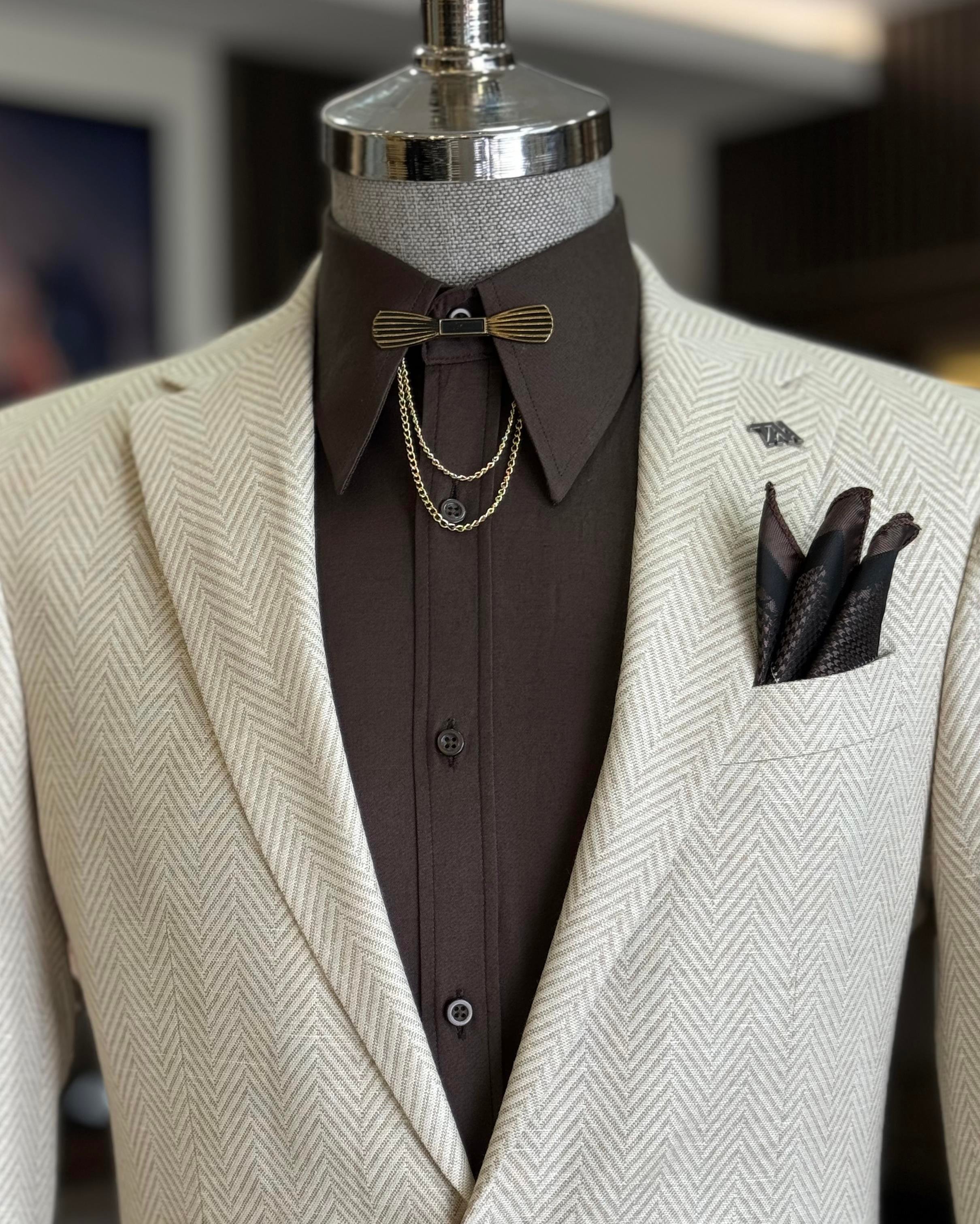 İtalyan stil slim fit mono yaka erkek ceket bej T11536