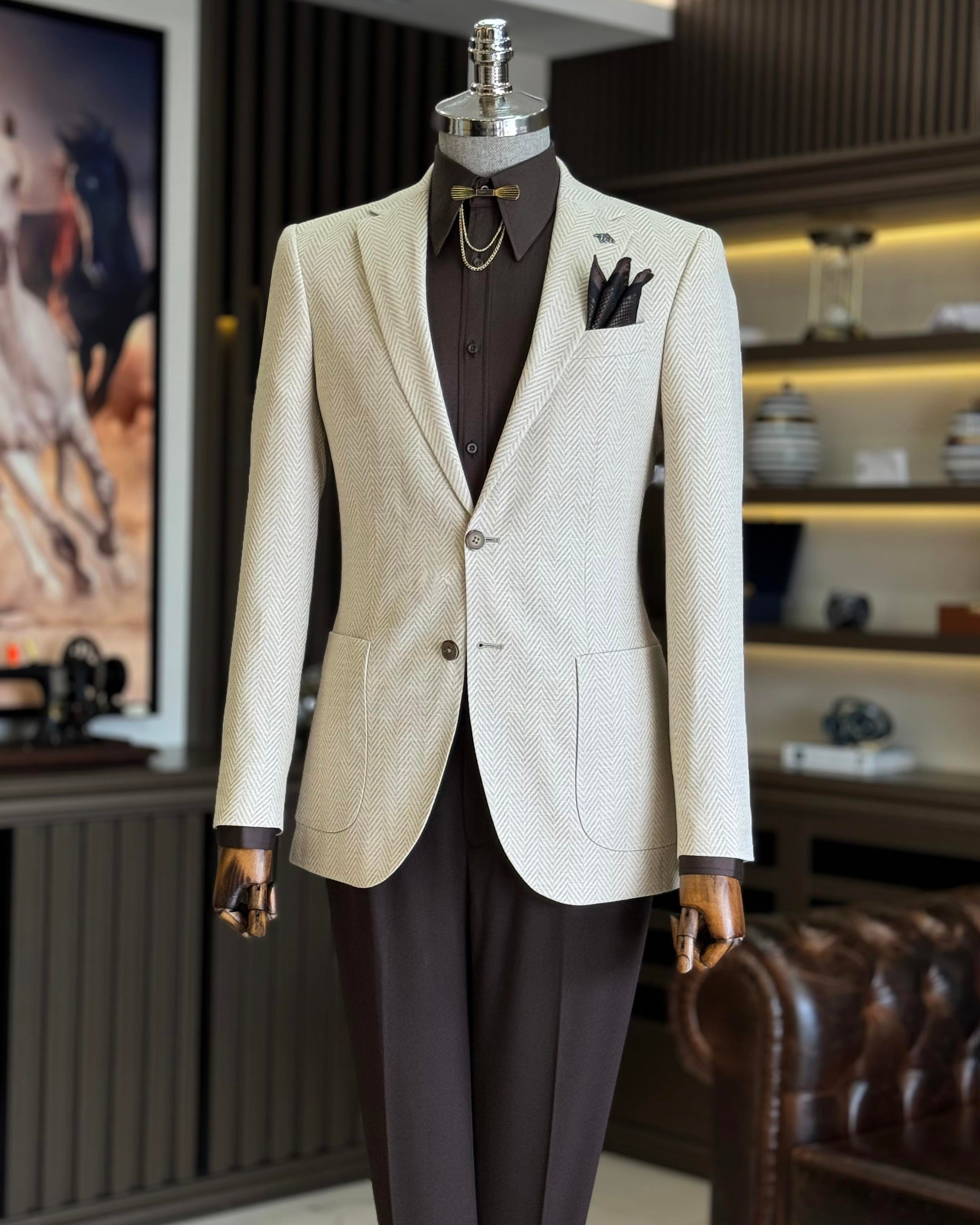 İtalyan stil slim fit mono yaka erkek ceket bej T11536