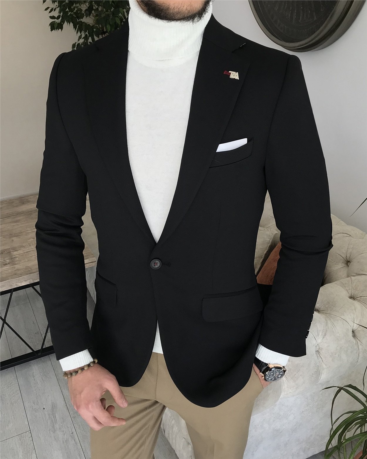 İtalyan stil slim fit mono yaka erkek tek ceket Siyah T8258