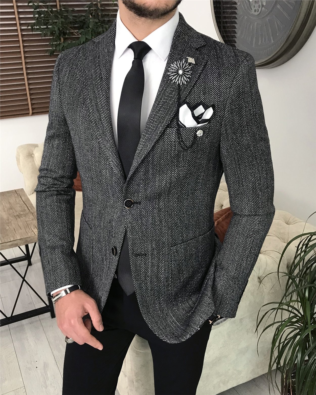 İtalyan stil slim fit mono yaka erkek tek ceket Siyah T8095