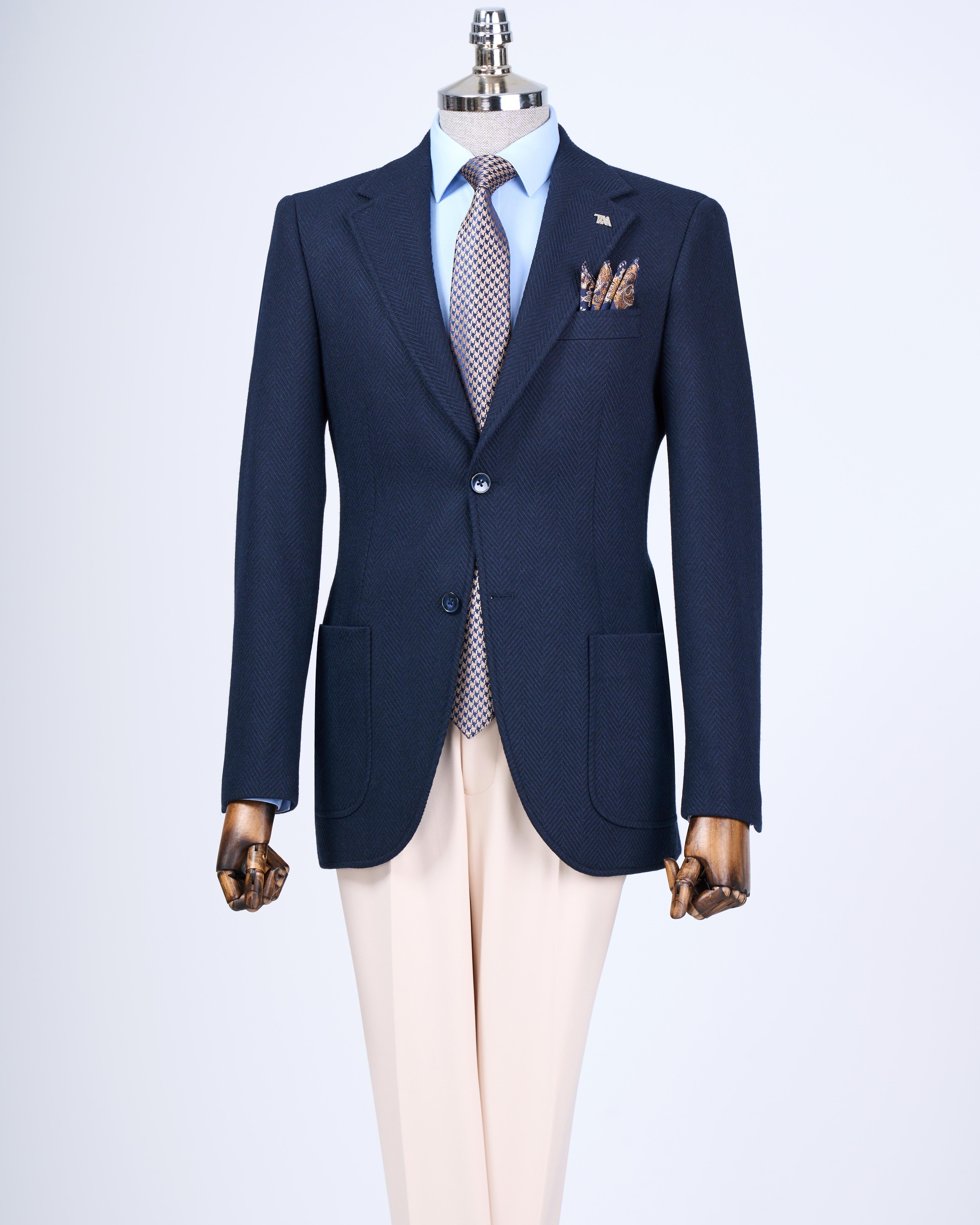 İtalyan stil slim fit mono yaka erkek tek ceket lacivert T13577