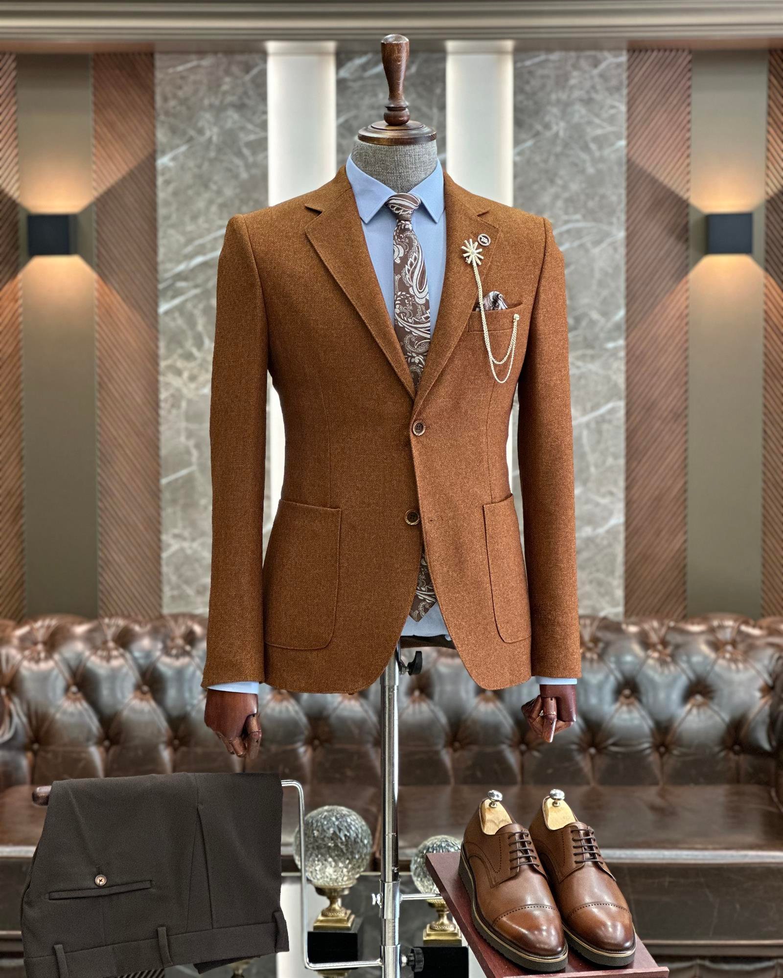 İtalyan stil slim fit mono yaka erkek ceket taba T10055