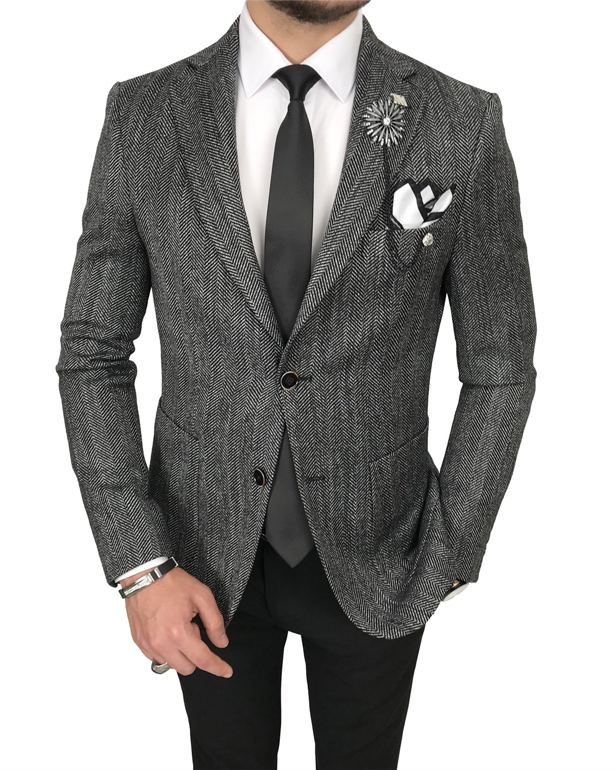 İtalyan stil slim fit mono yaka erkek tek ceket Siyah T8095
