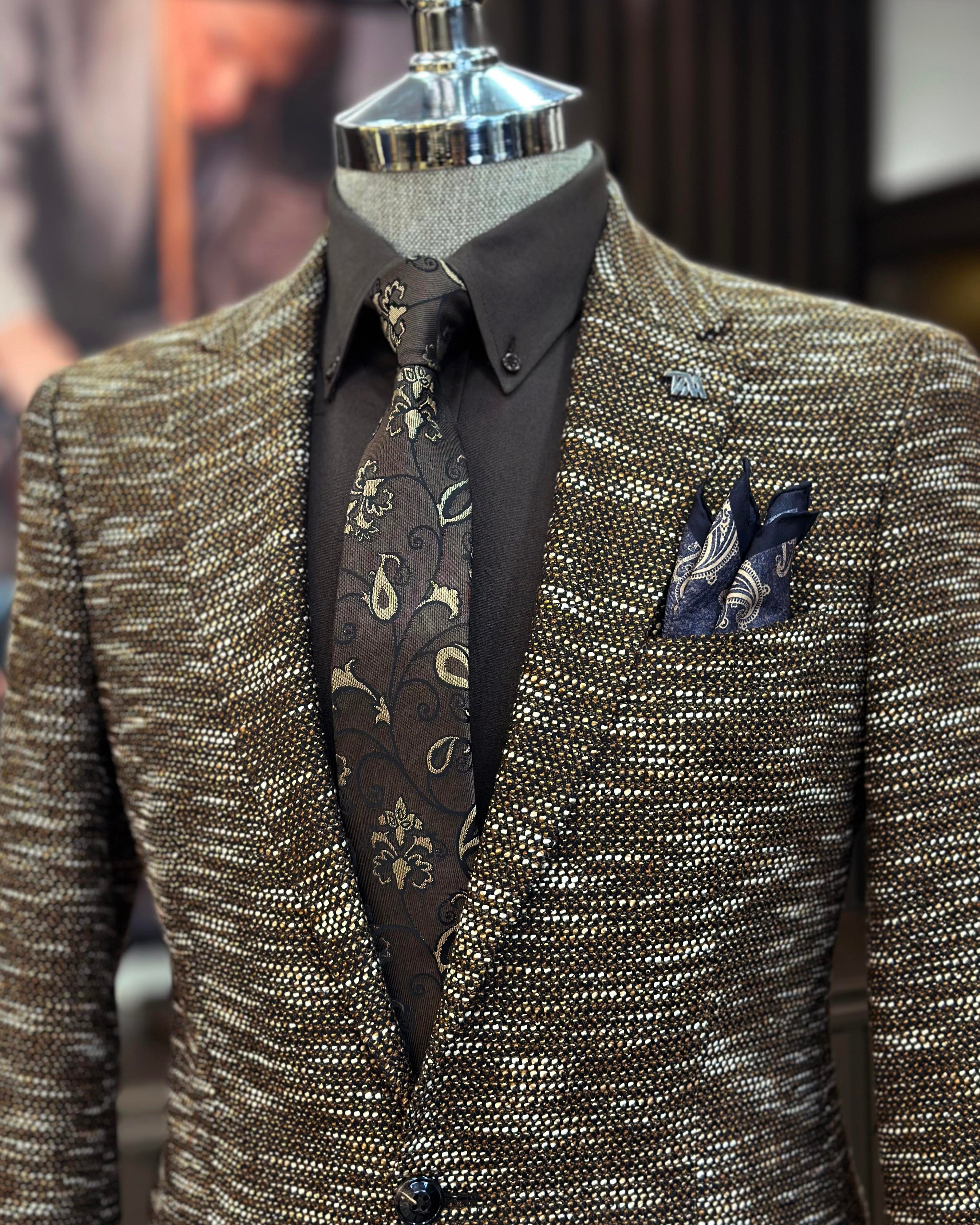 İtalyan stil slim fit mono yaka erkek ceket kahverengi T10966