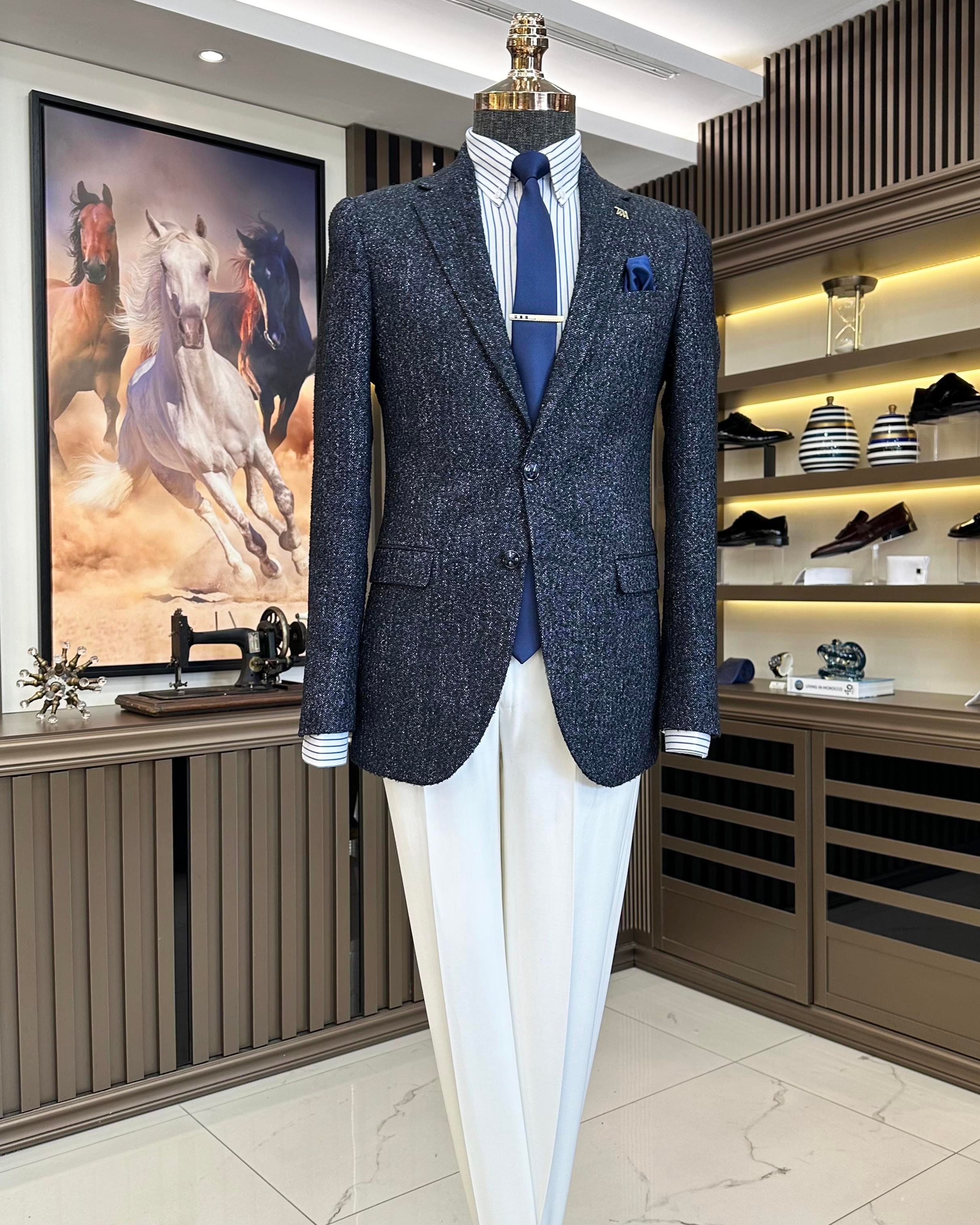 İtalyan stil slim fit mono yaka erkek ceket lacivert T10891