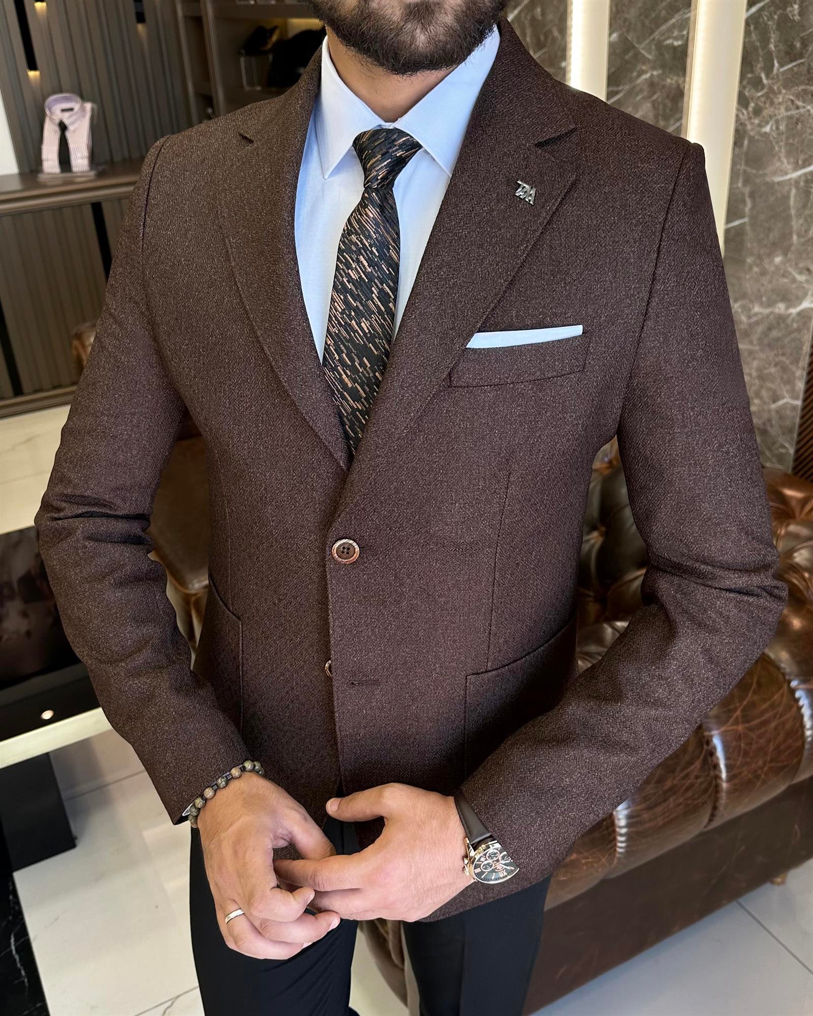 İtalyan stil slim fit mono yaka erkek ceket kahverengi T10056