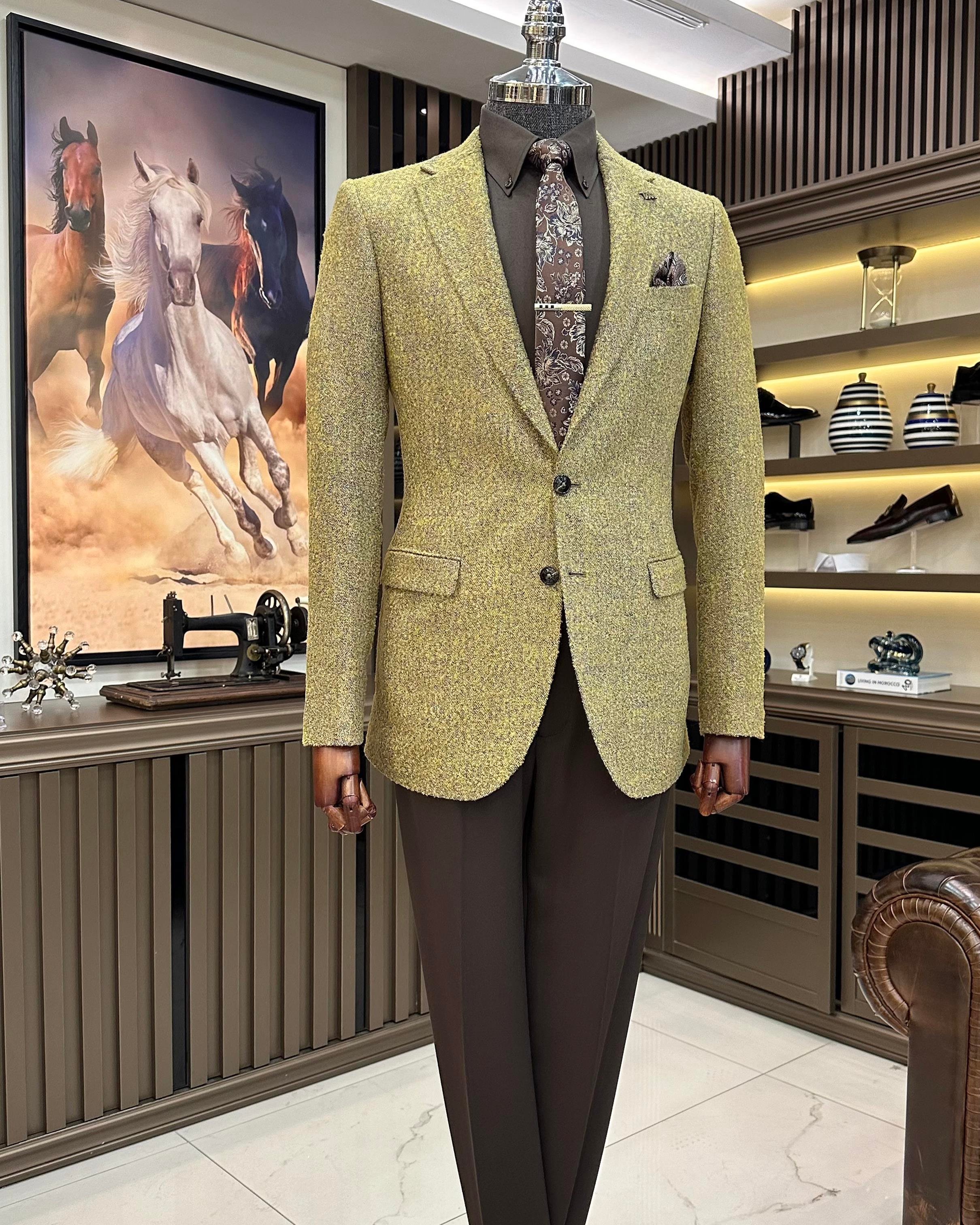 İtalyan stil slim fit mono yaka erkek ceket hardal T10887