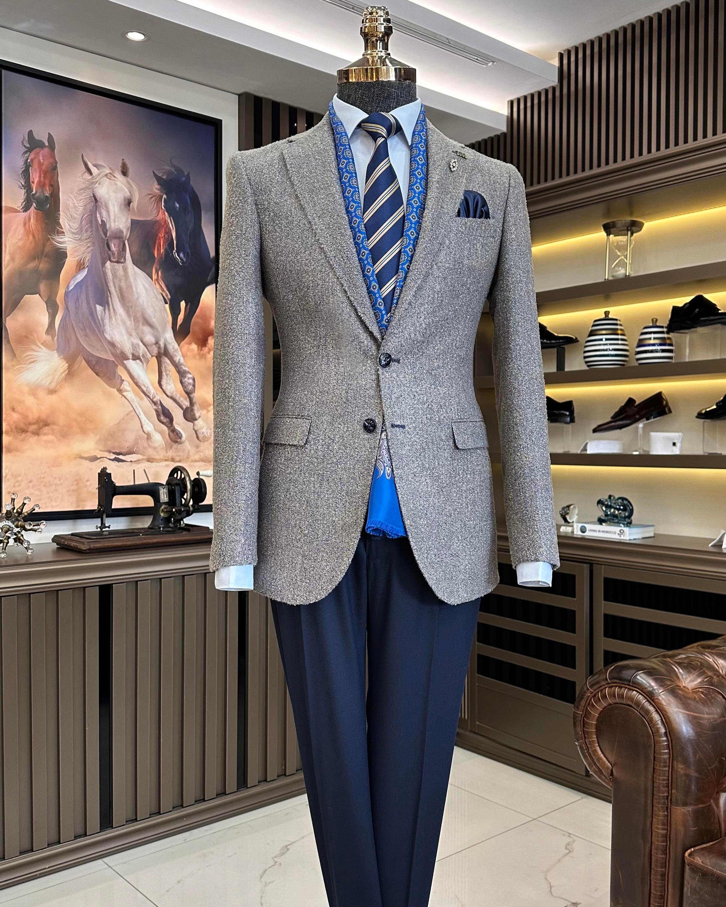 İtalyan stil slim fit mono yaka erkek ceket mavi T10889