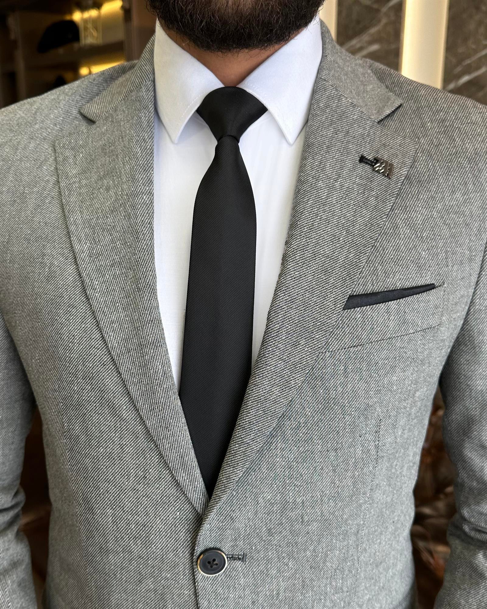 İtalyan stil slim fit mono yaka erkek ceket siyah T9832
