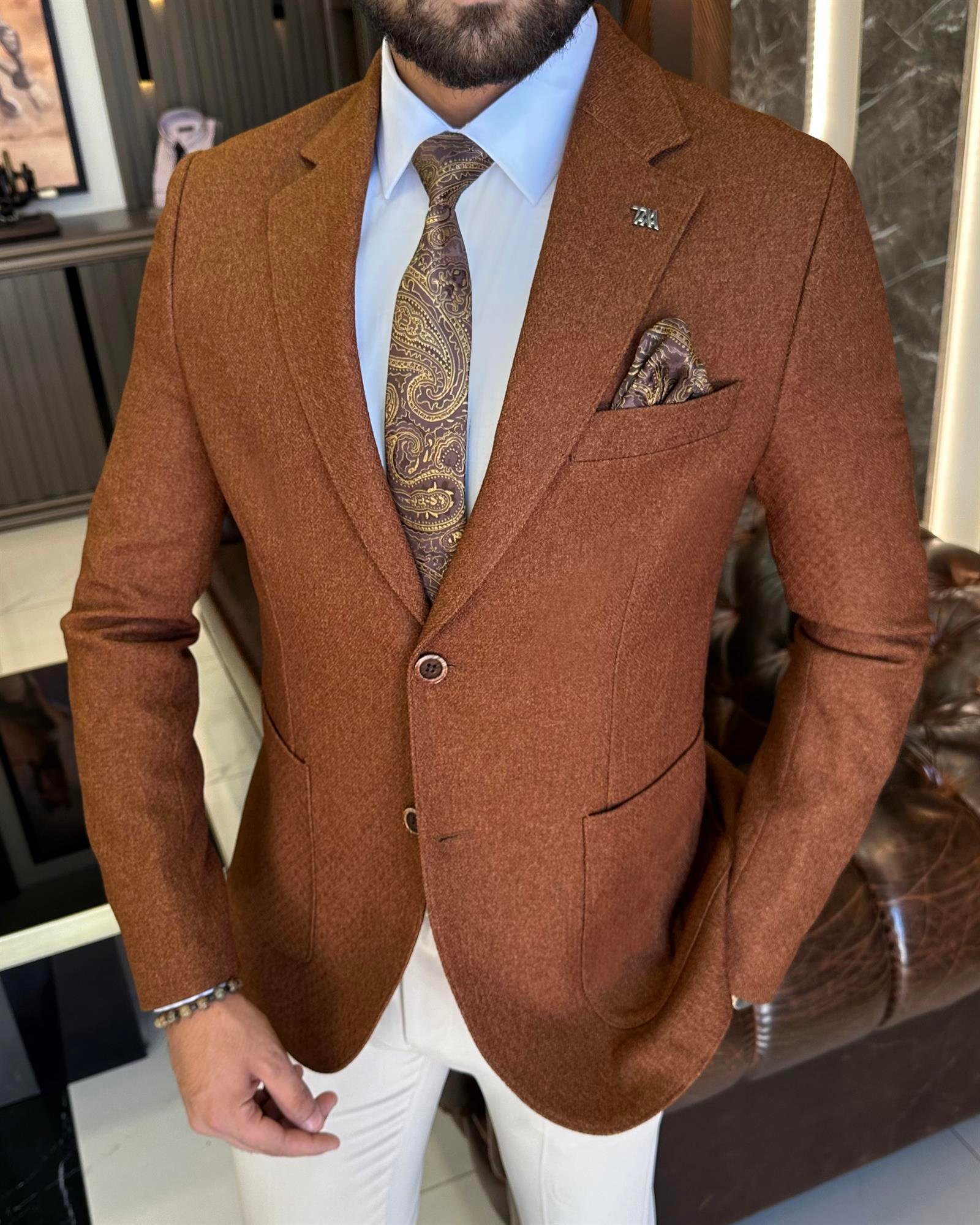 İtalyan stil slim fit mono yaka erkek ceket taba T10055