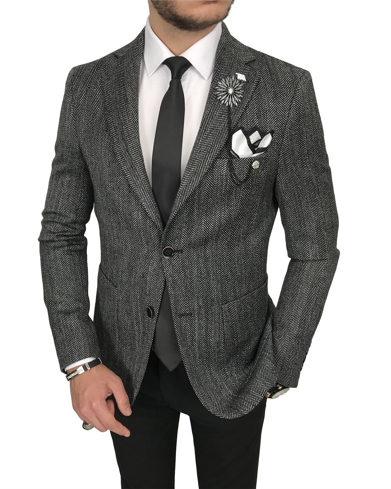 İtalyan stil slim fit mono yaka erkek tek ceket Siyah T8095