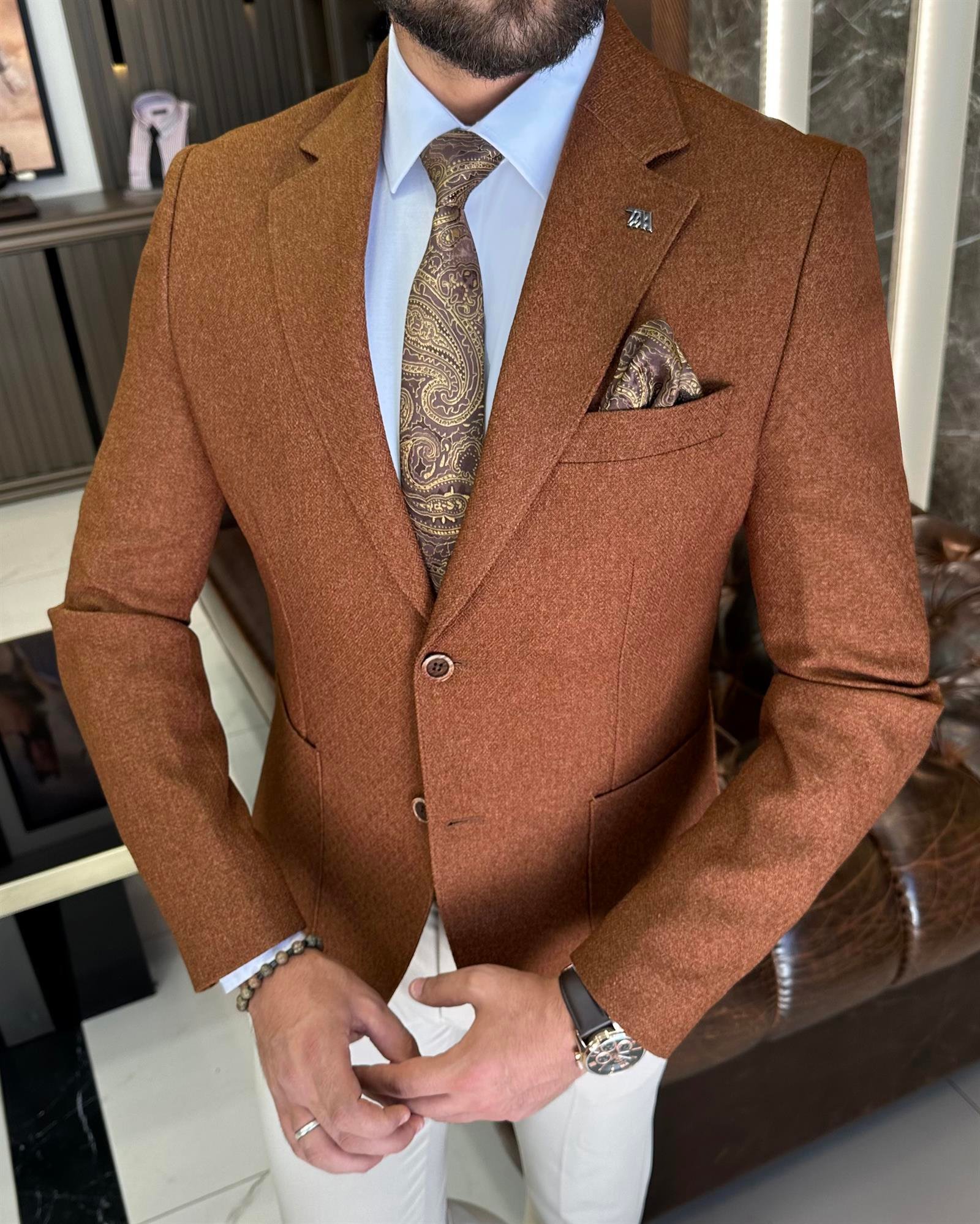 İtalyan stil slim fit mono yaka erkek ceket taba T10055