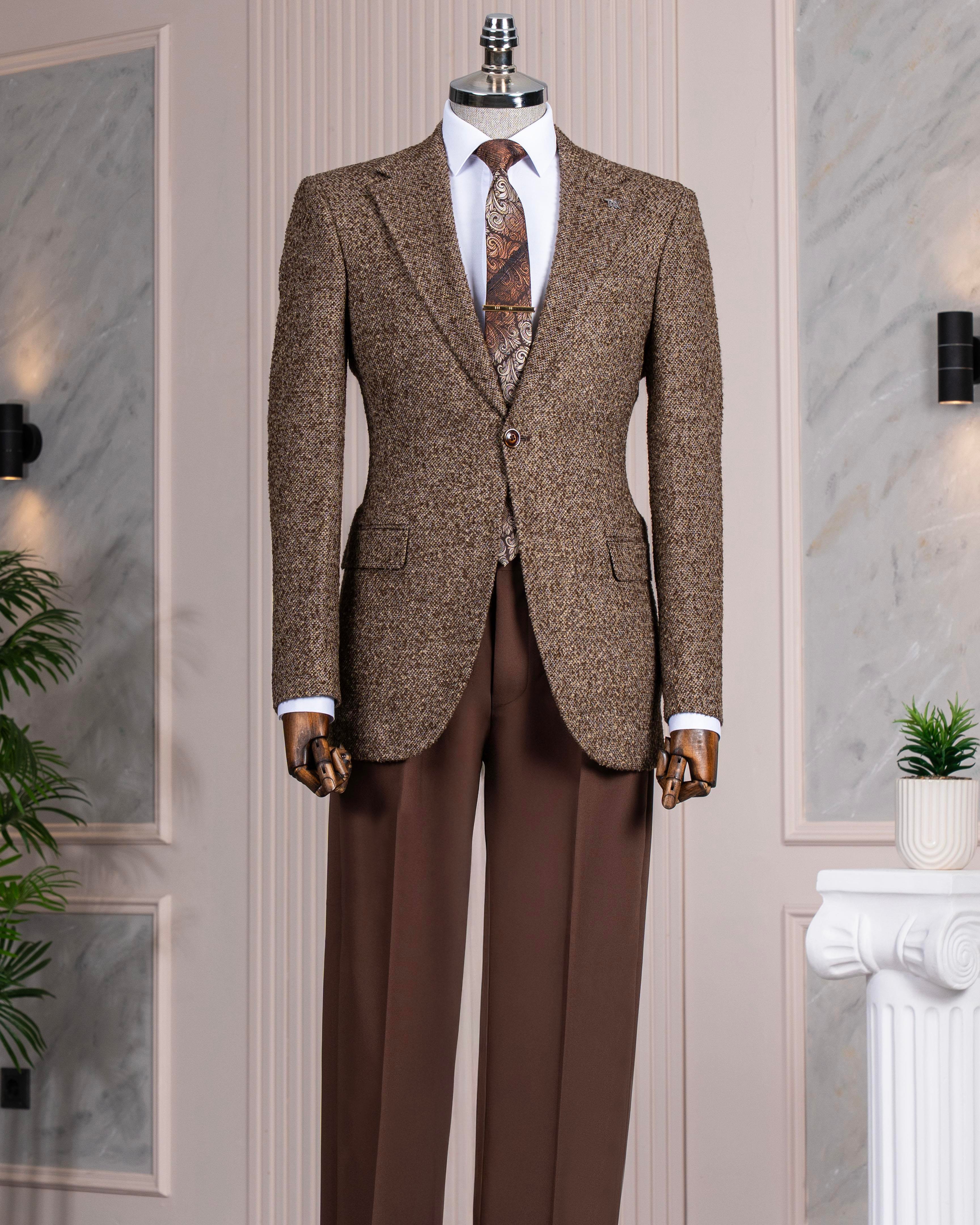 İtalyan stil slim fit mono yaka erkek tek ceket kahverengi T13540