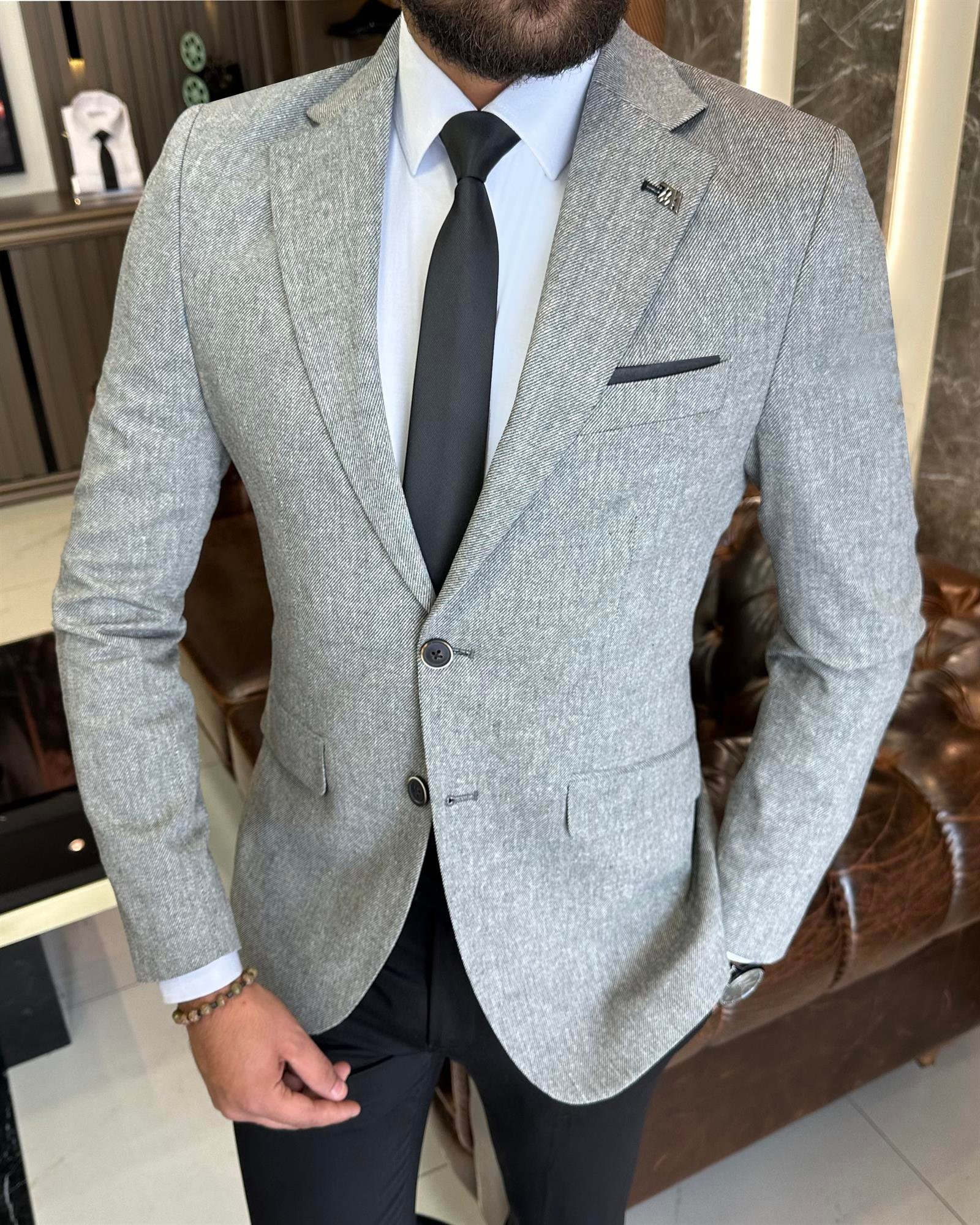 İtalyan stil slim fit mono yaka erkek ceket siyah T9832