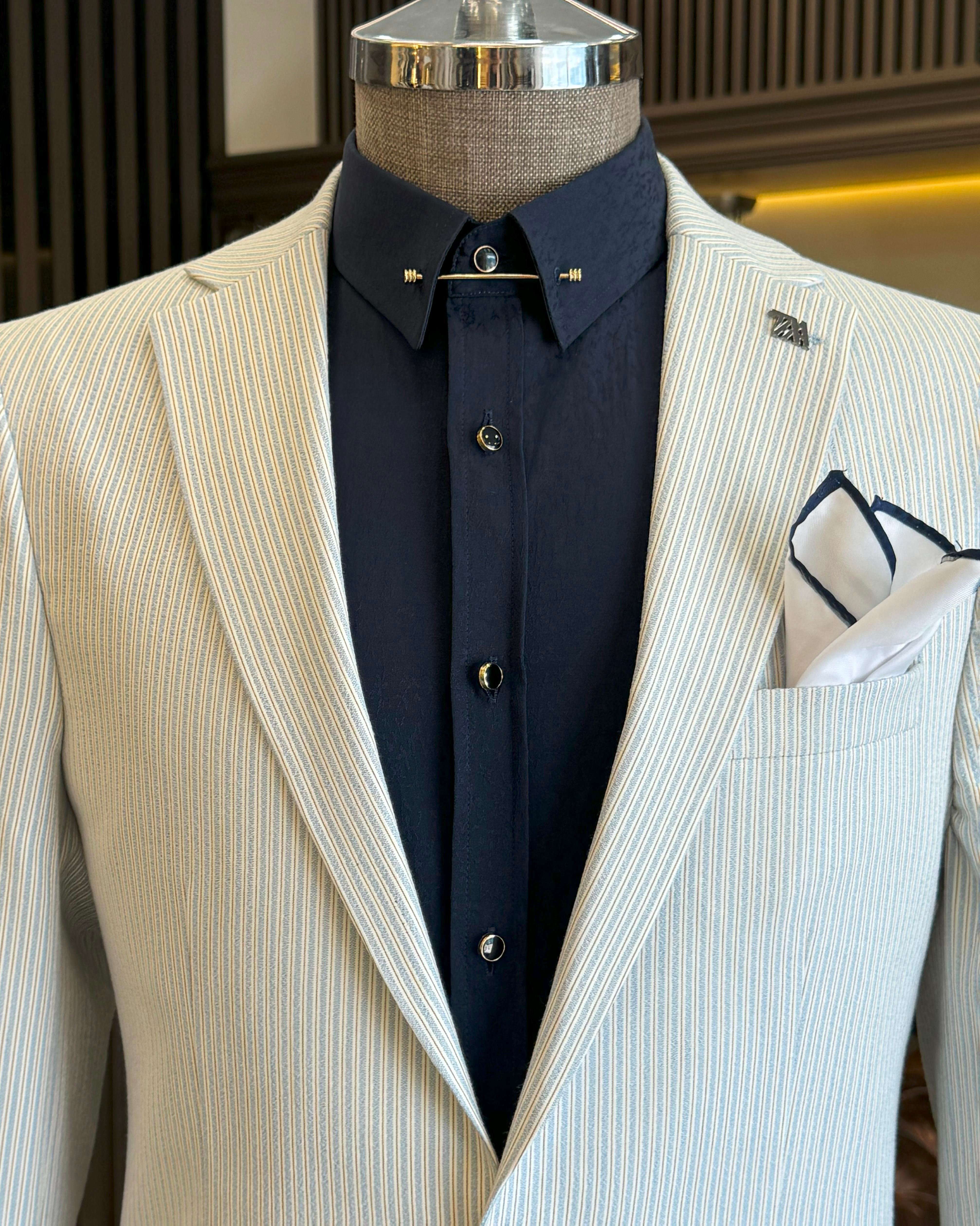 İtalyan stil slim fit mono yaka erkek ceket mavi T11973