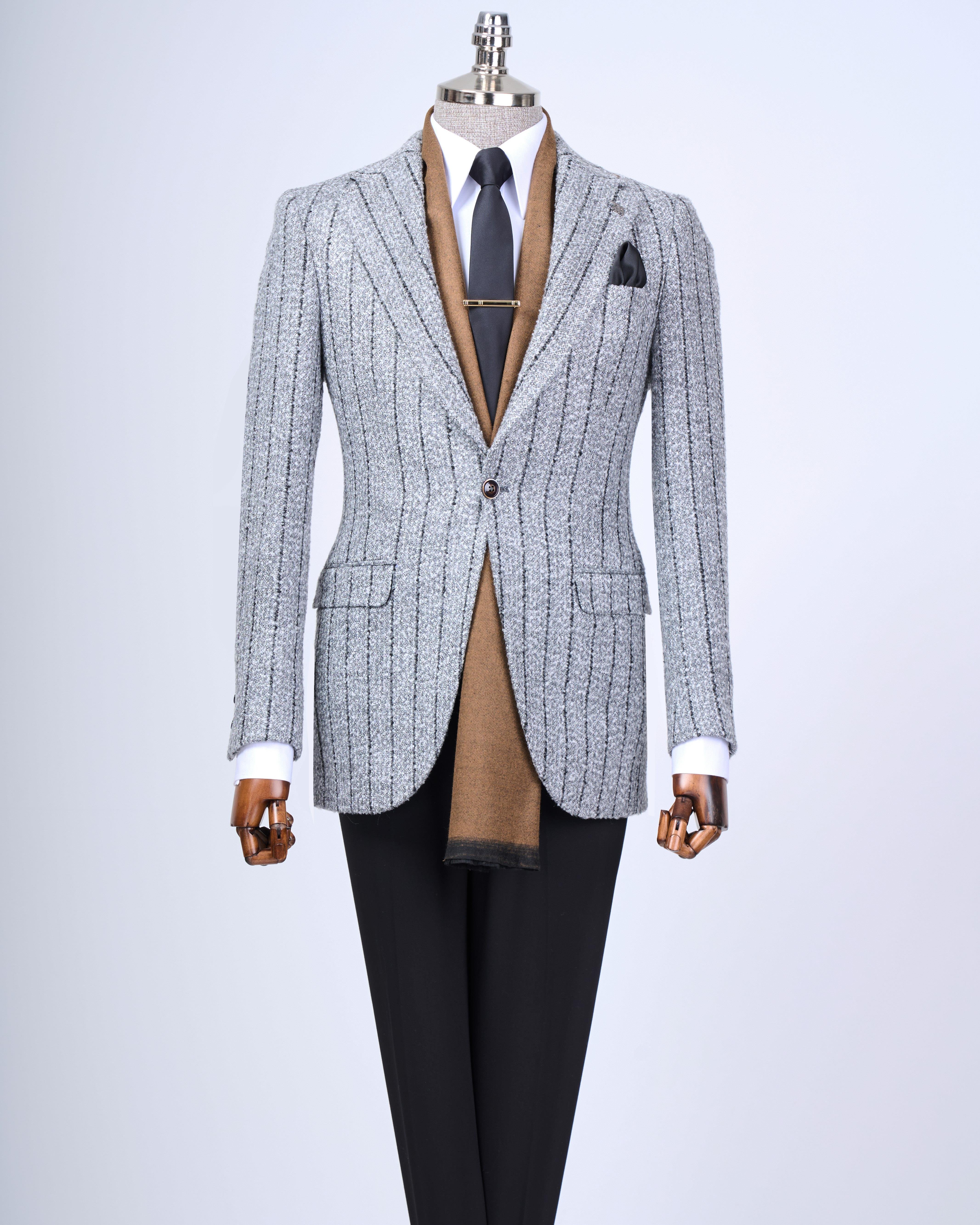 İtalyan stil slim fit mono yaka erkek tek ceket gri T13593