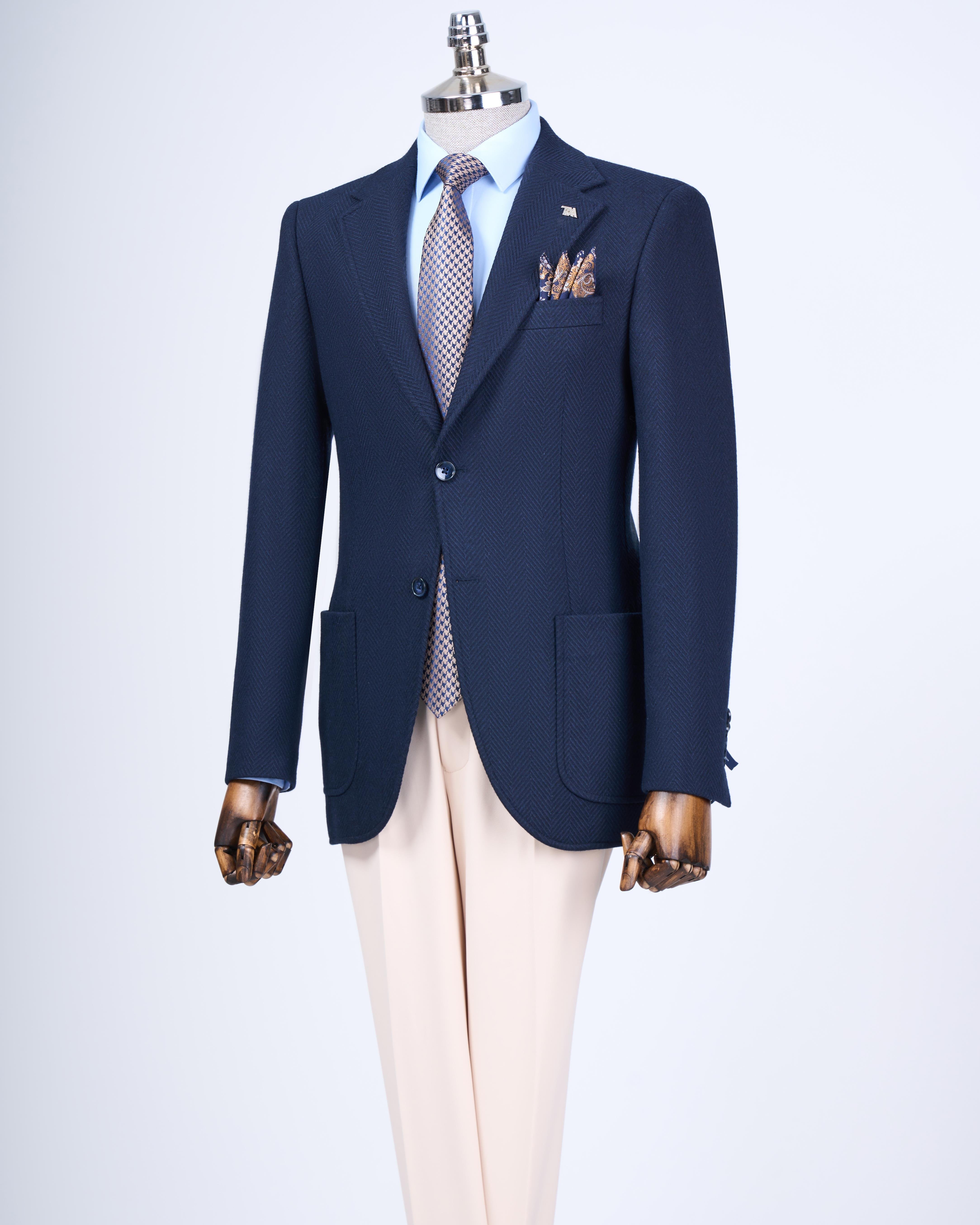 İtalyan stil slim fit mono yaka erkek tek ceket lacivert T13577