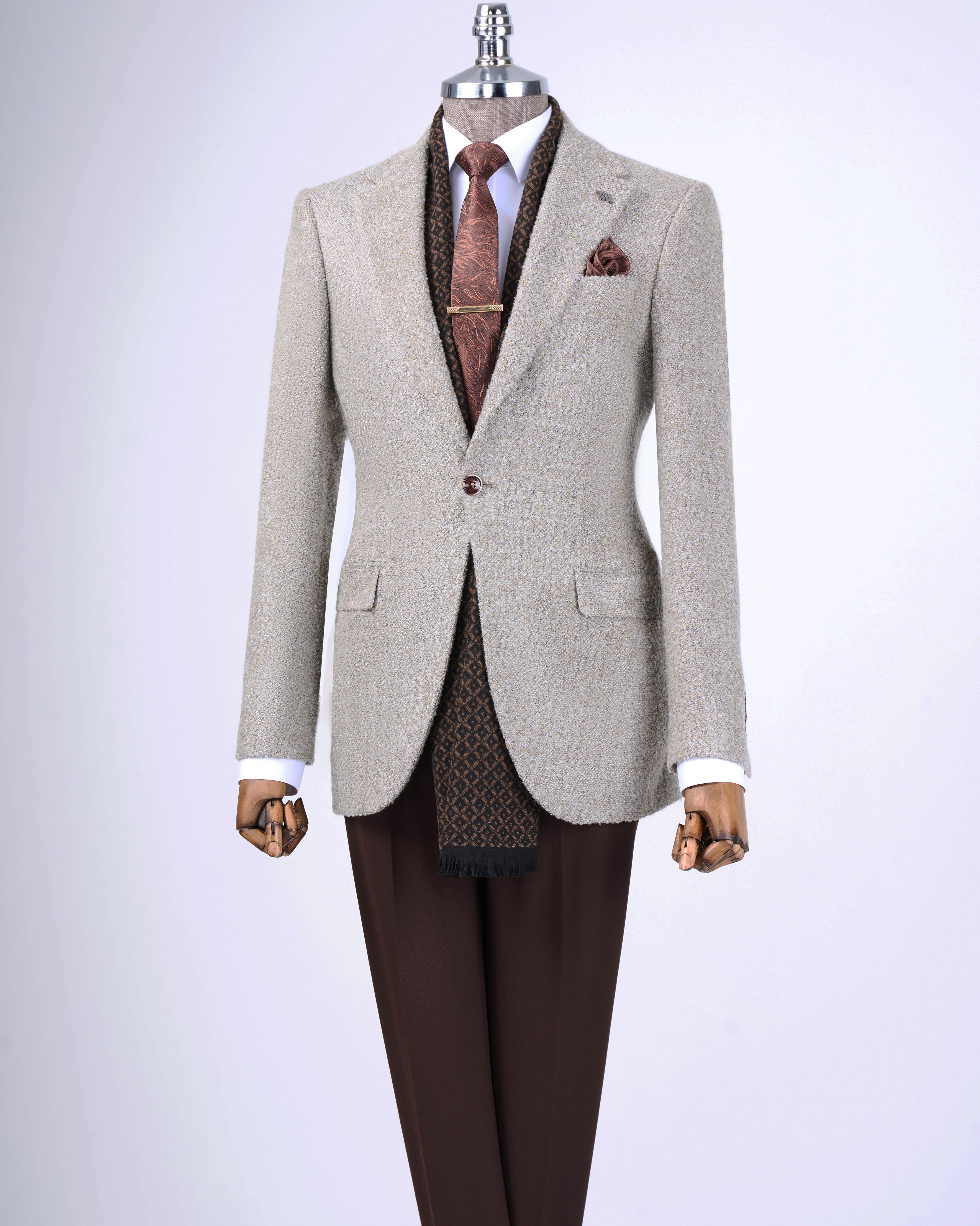 İtalyan stil slim fit mono yaka erkek tek ceket bej T13541