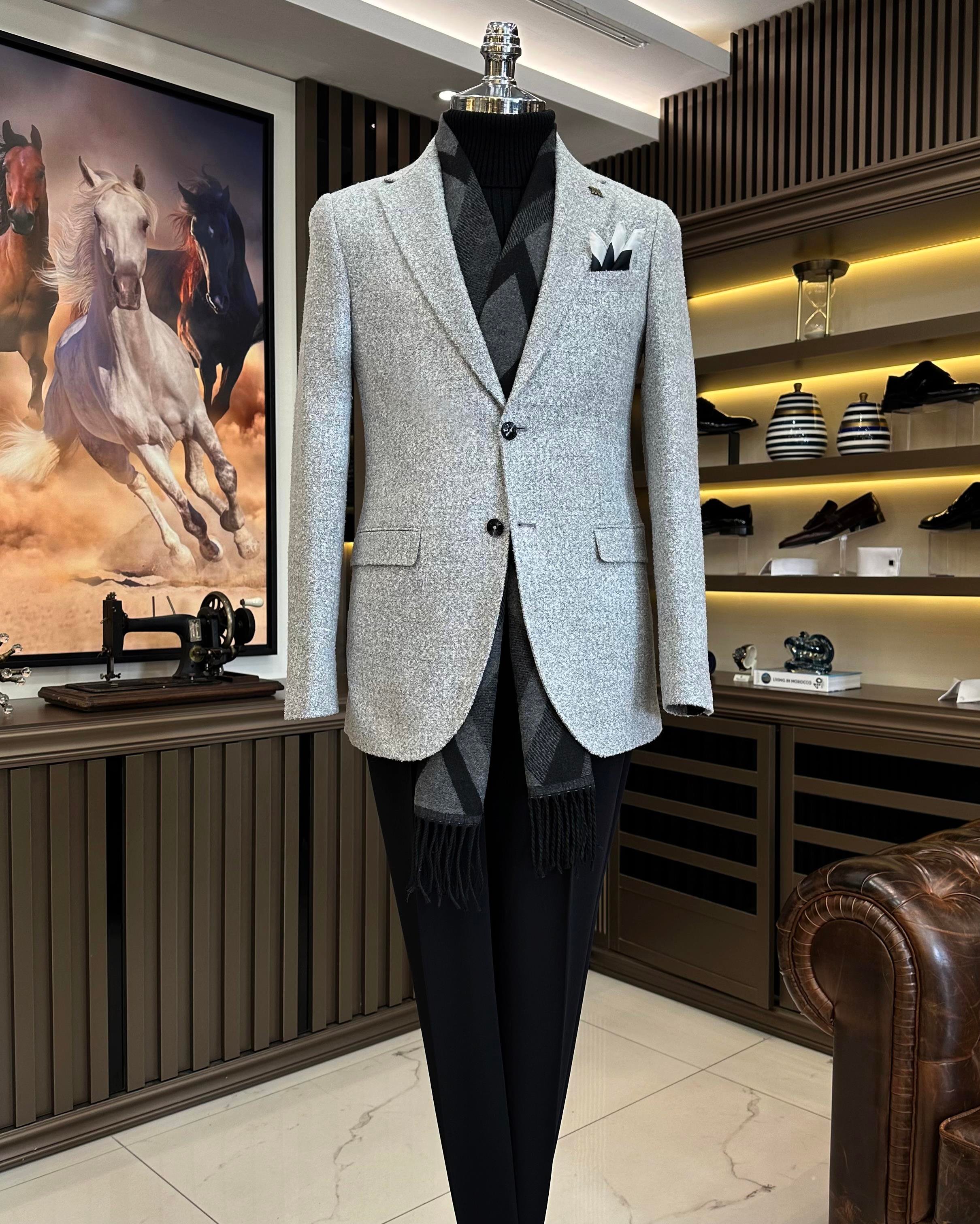 İtalyan stil slim fit mono yaka erkek ceket gri T10890