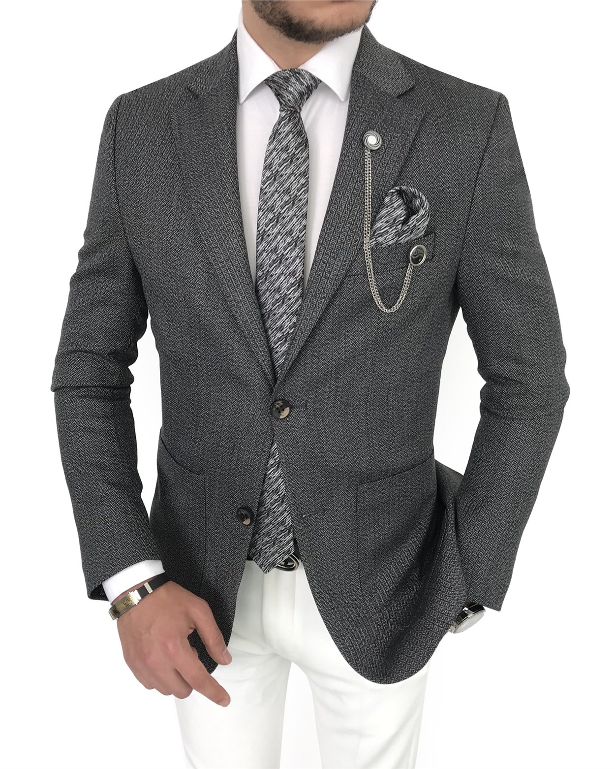 İtalyan stil slim fit mono yaka erkek ceket Gri T8064