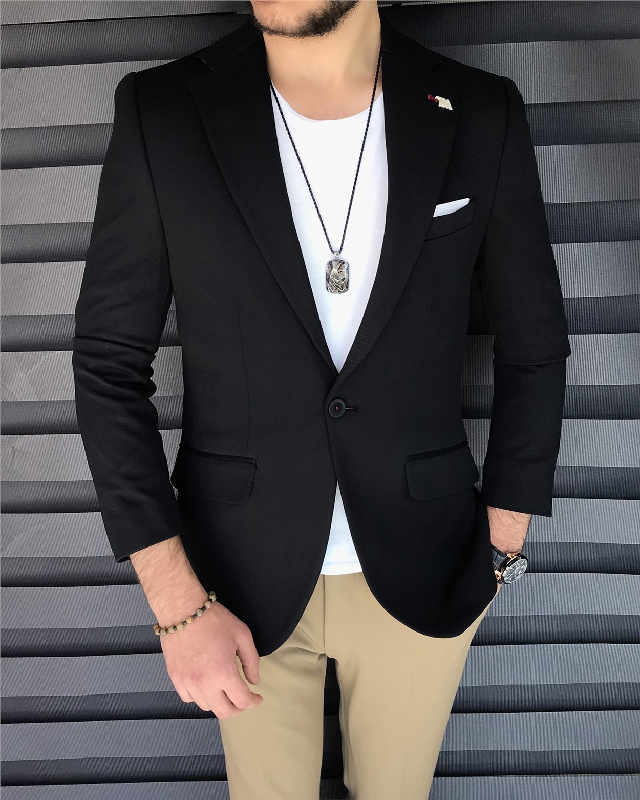 İtalyan stil slim fit mono yaka erkek tek ceket Siyah T8258