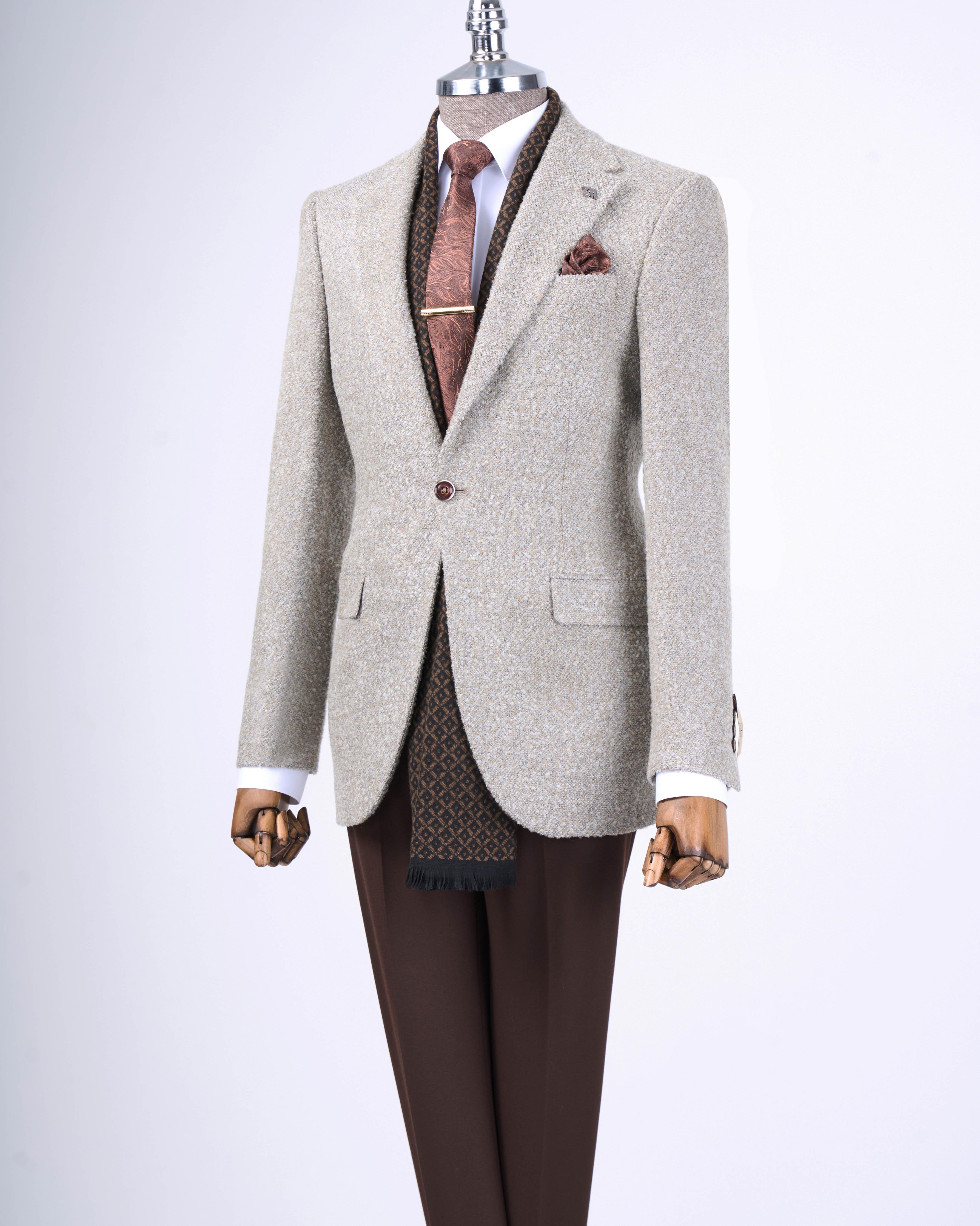 İtalyan stil slim fit mono yaka erkek tek ceket bej T13541