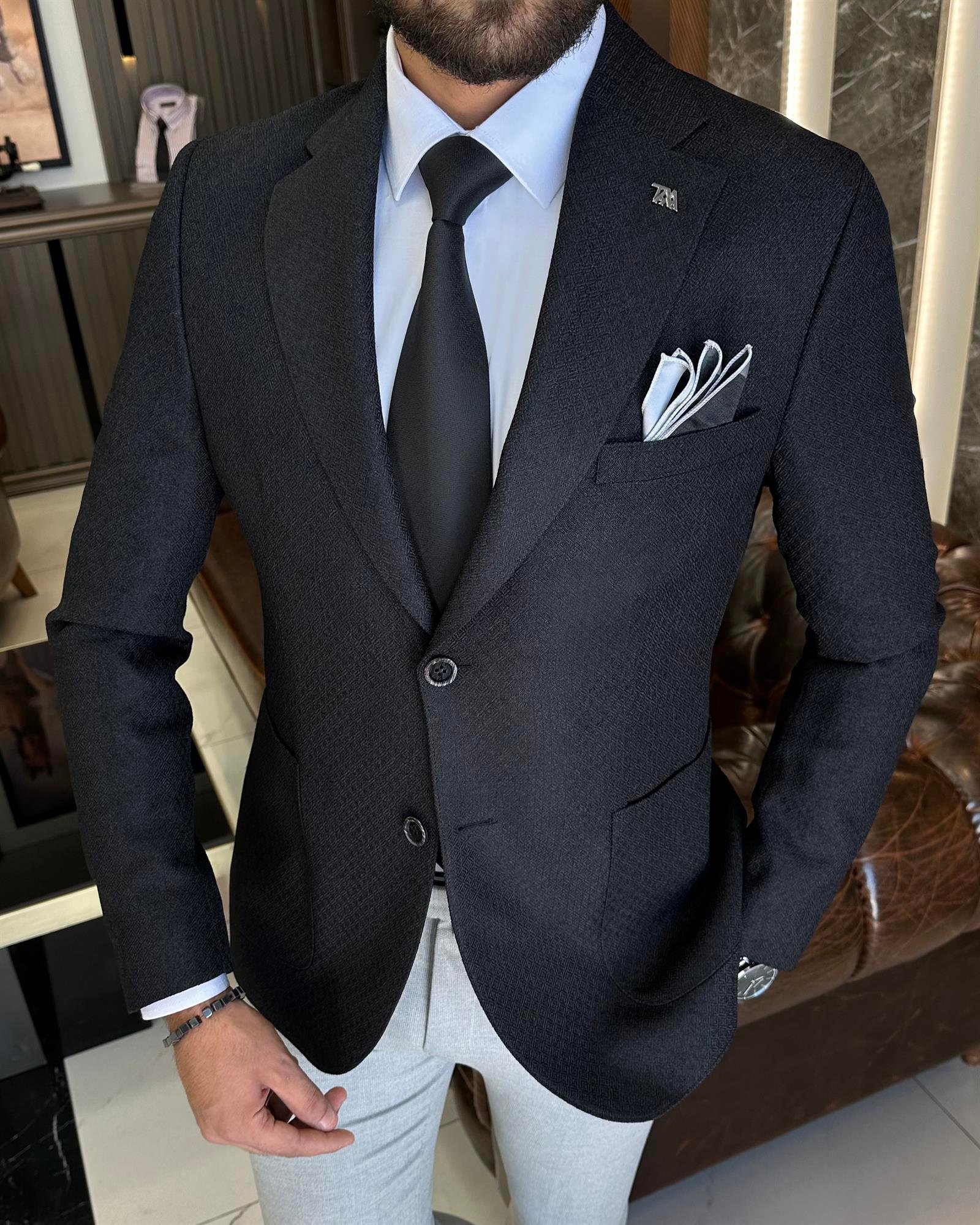 İtalyan stil slim fit mono yaka erkek ceket siyah T10053