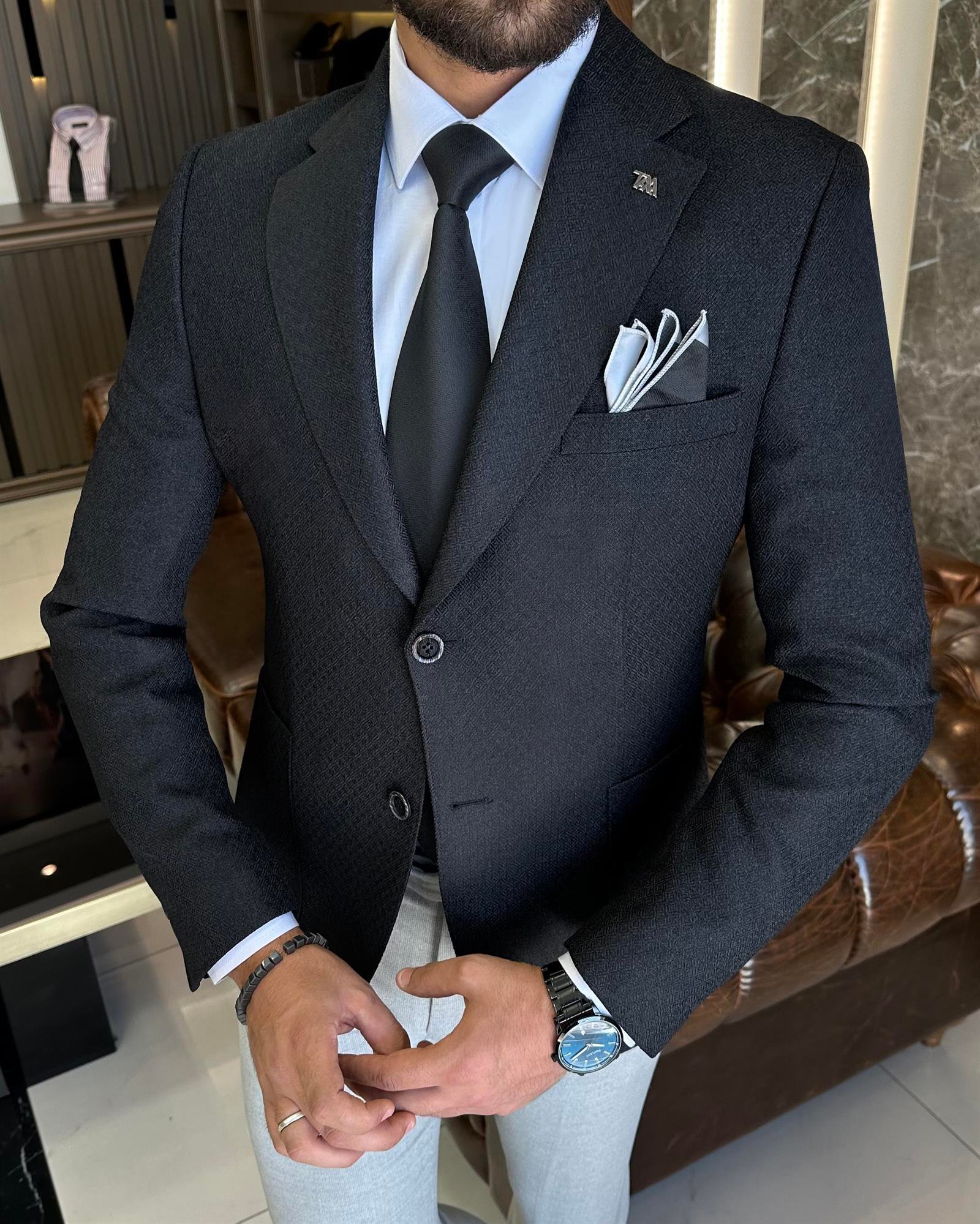 İtalyan stil slim fit mono yaka erkek ceket siyah T10053