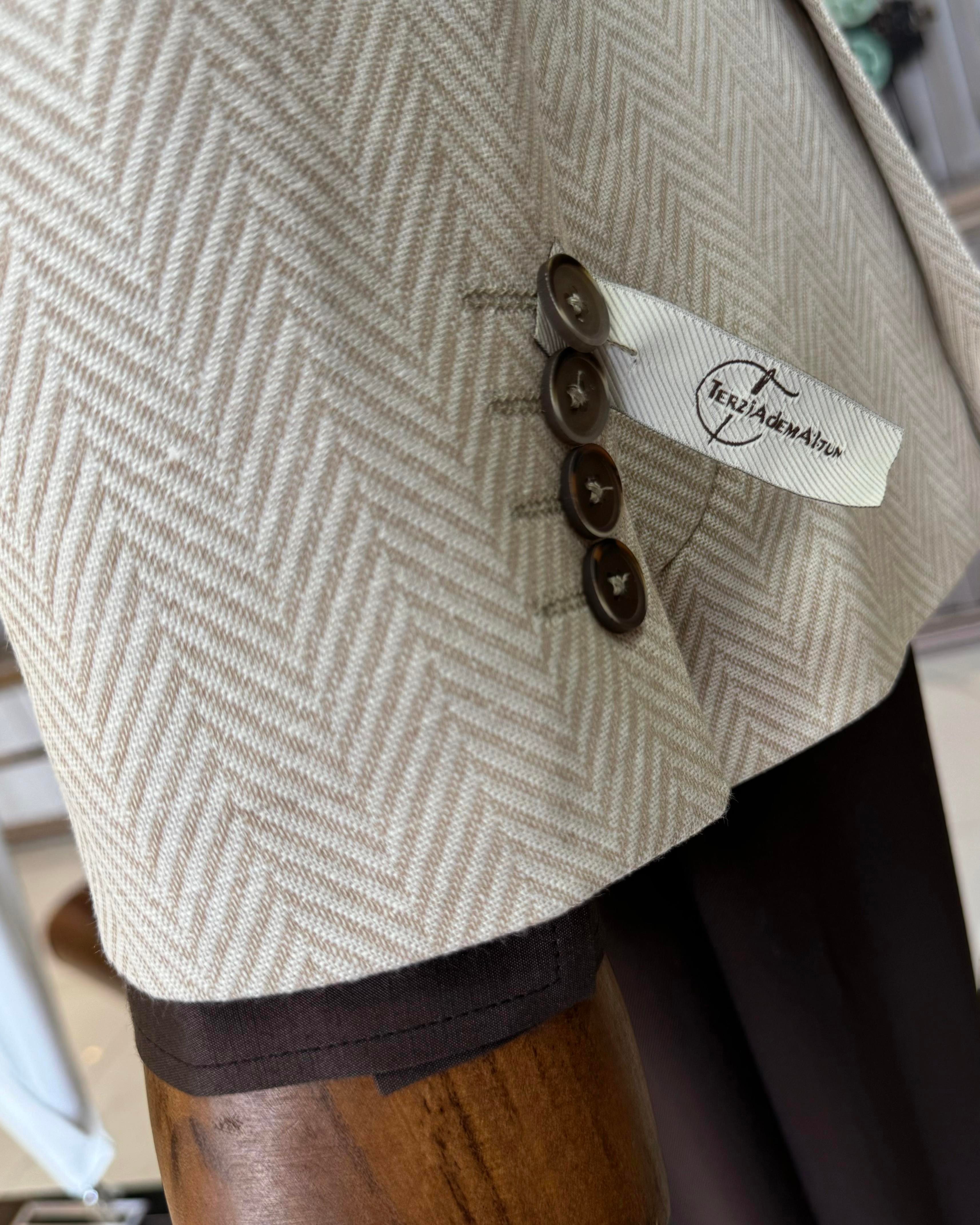 İtalyan stil slim fit mono yaka erkek ceket bej T11536