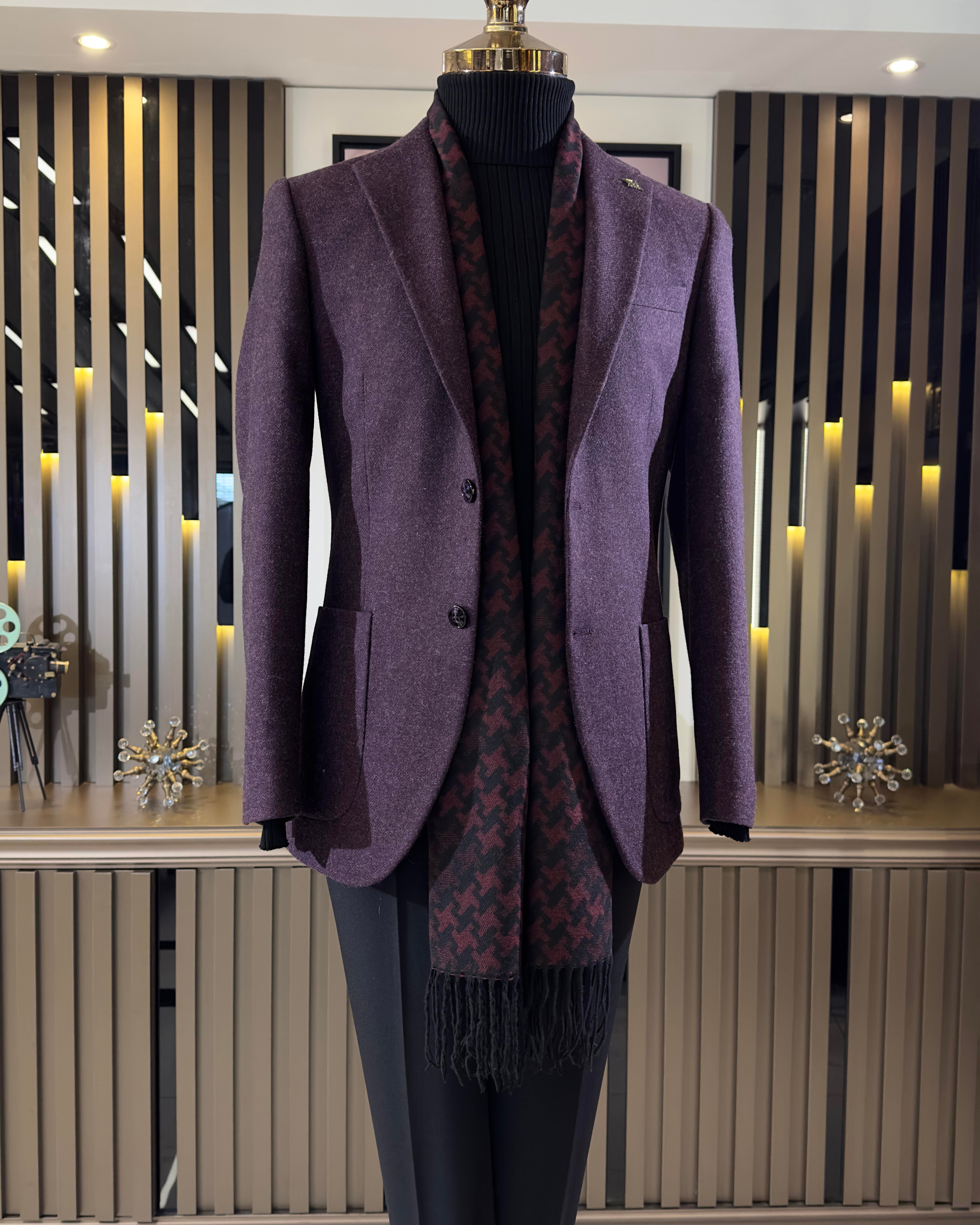 İtalyan stil slim fit mono yaka kaşe erkek ceket mürdüm T10927