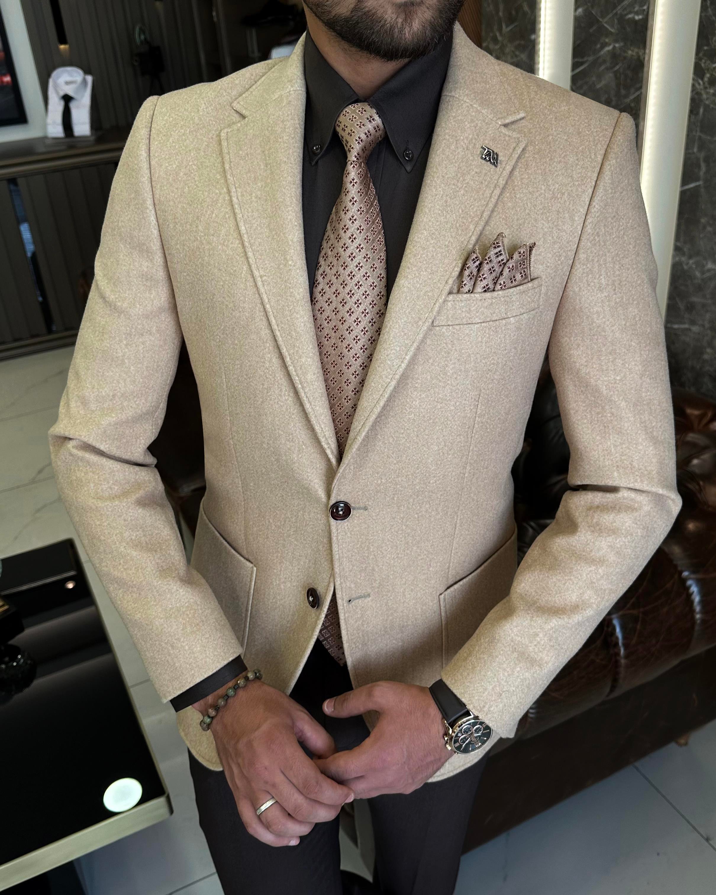 İtalyan stil slim fit mono yaka kaşe erkek ceket camel T10492
