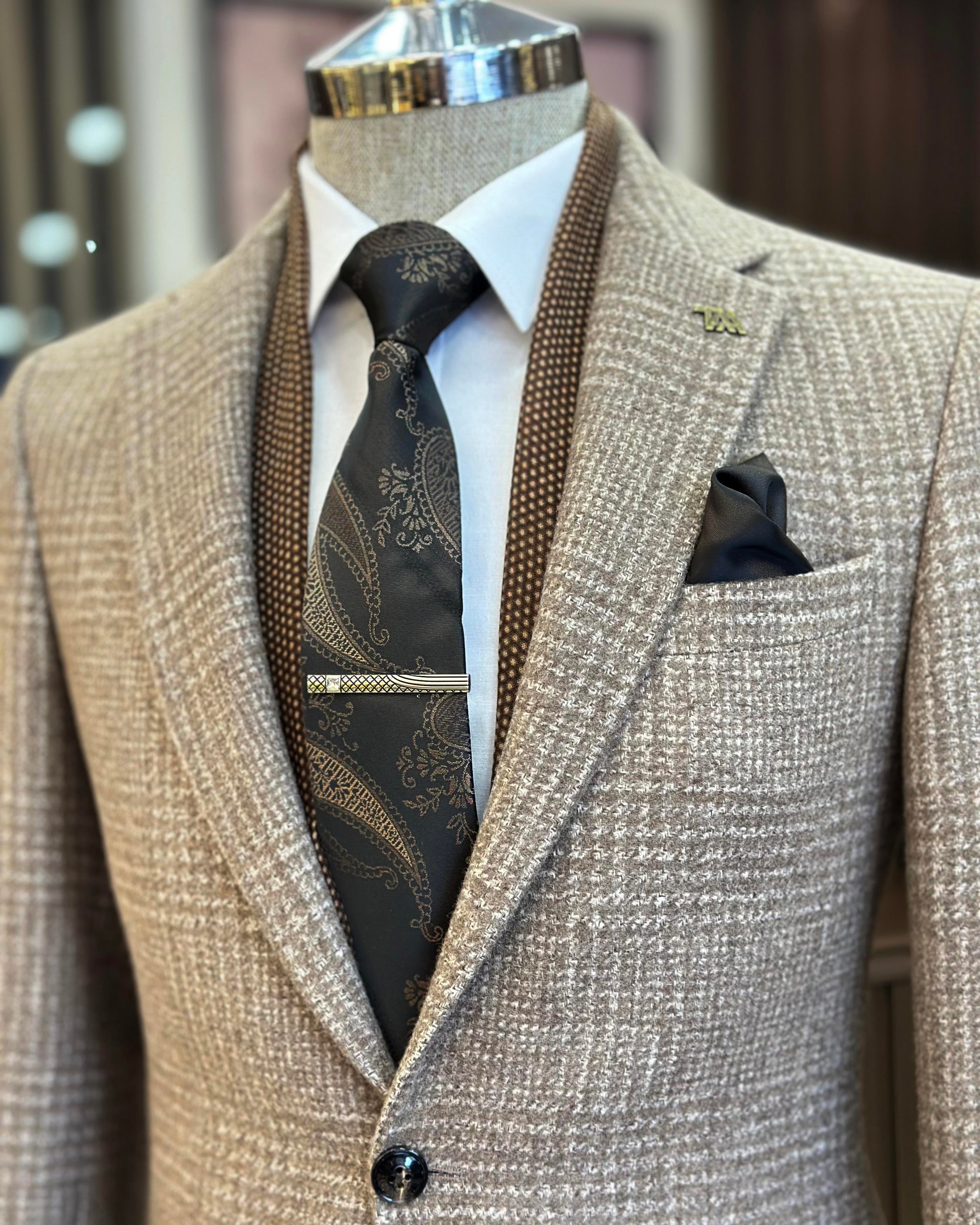 İtalyan stil slim fit mono yaka kaşe erkek ceket kahverengi T10955