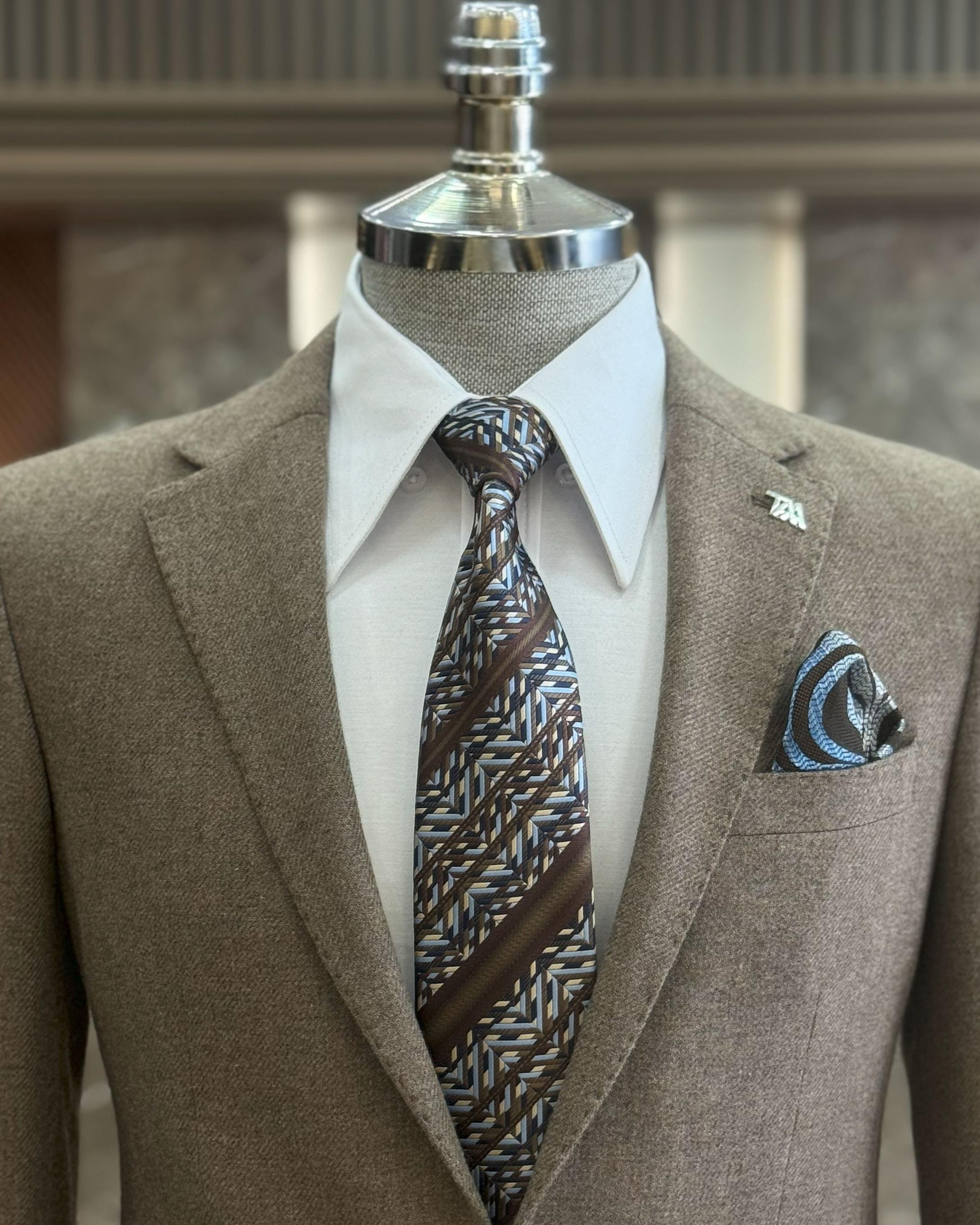 İtalyan stil slim fit mono yaka kaşe erkek ceket vizon T10942