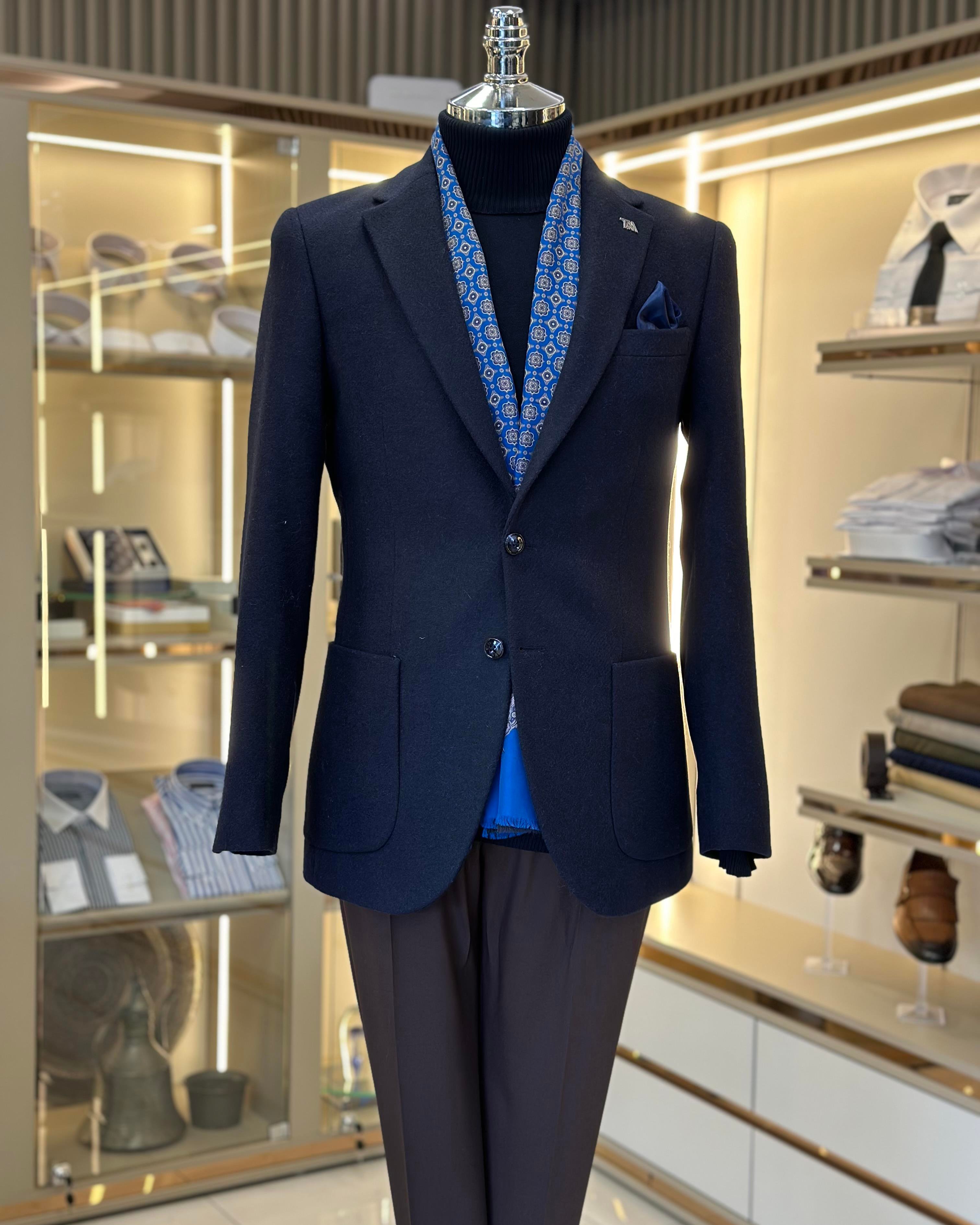 İtalyan stil slim fit mono yaka kaşe erkek ceket lacivert T10924