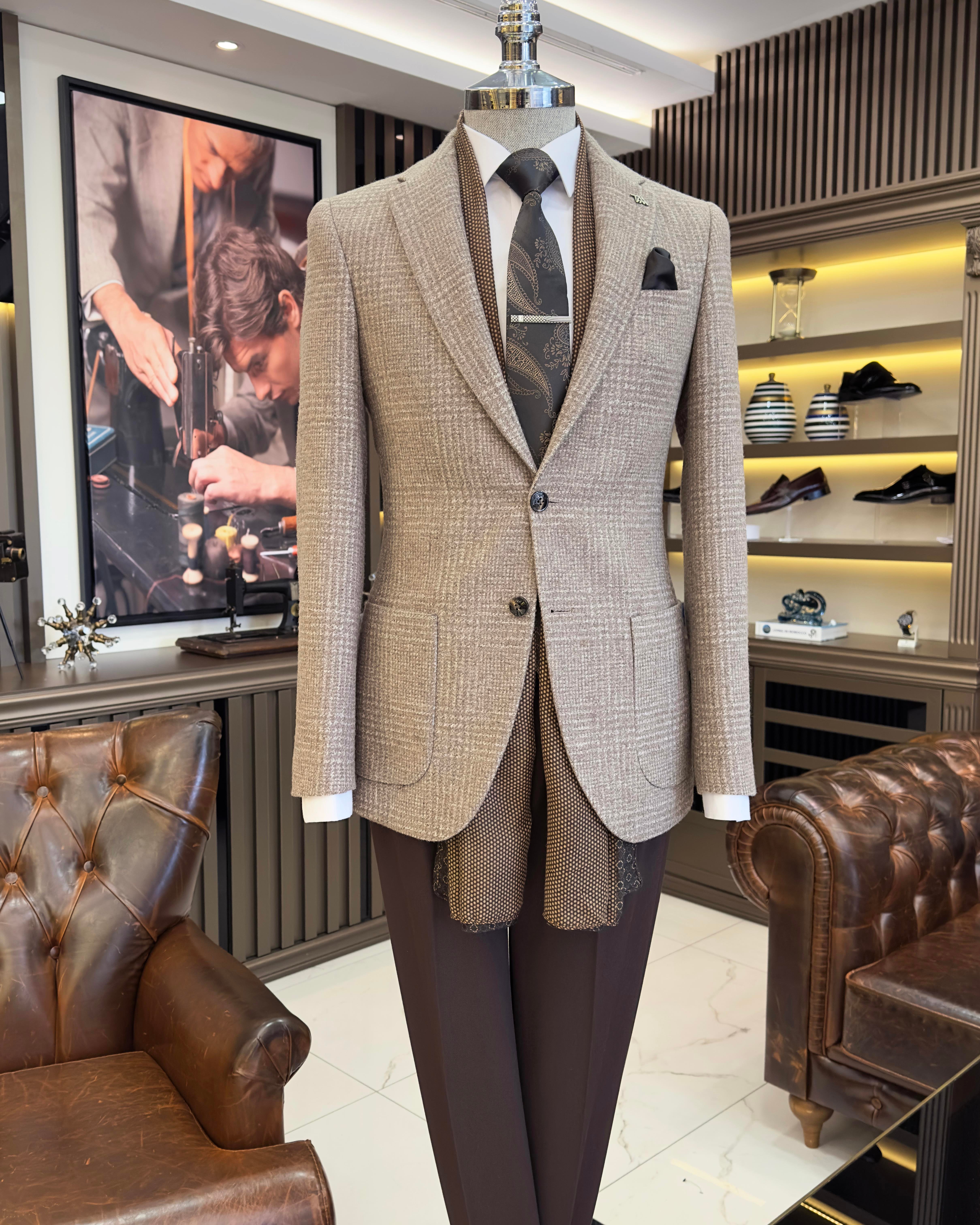 İtalyan stil slim fit mono yaka kaşe erkek ceket kahverengi T10955