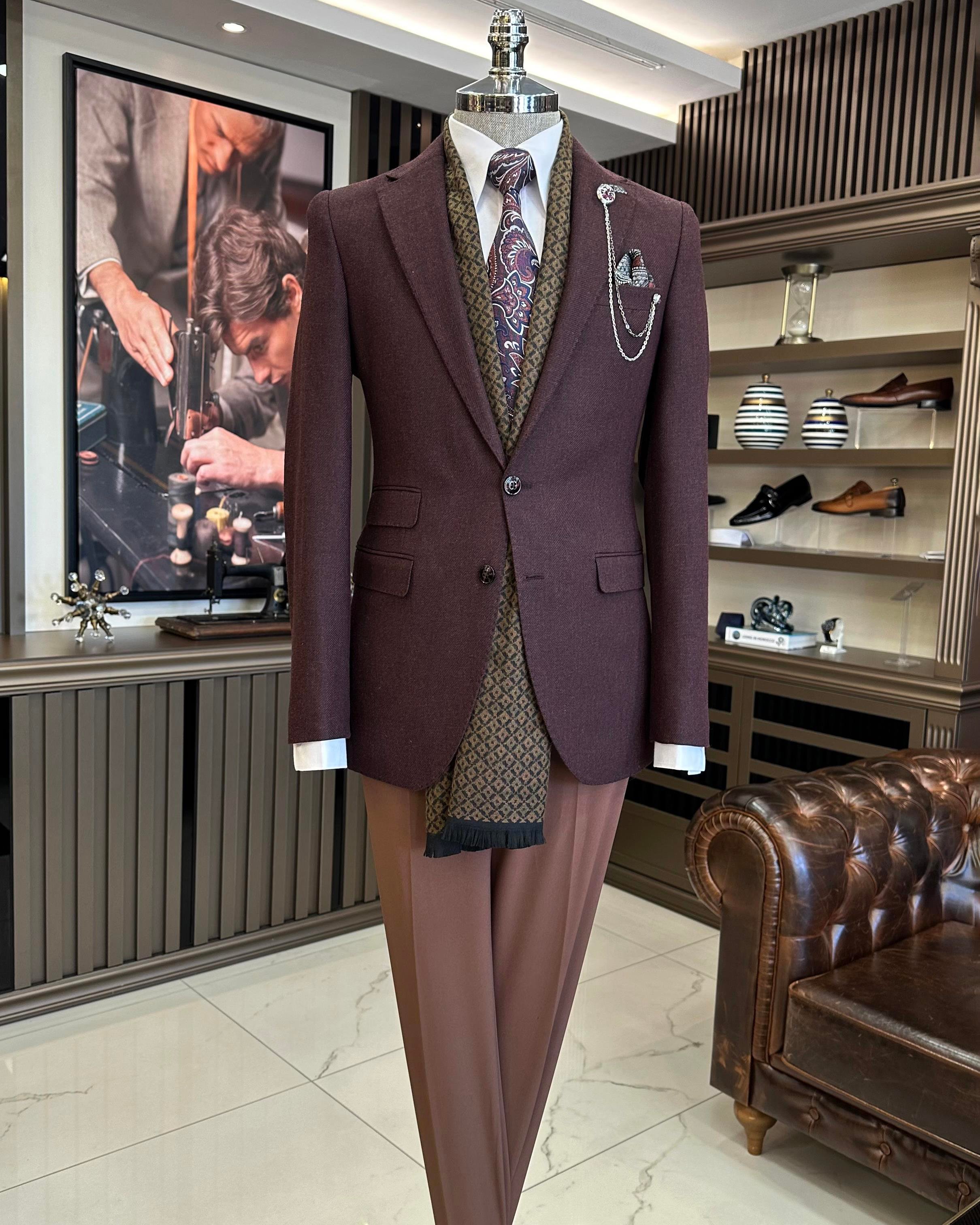 İtalyan stil slim fit mono yaka kaşe erkek ceket bordo T10934