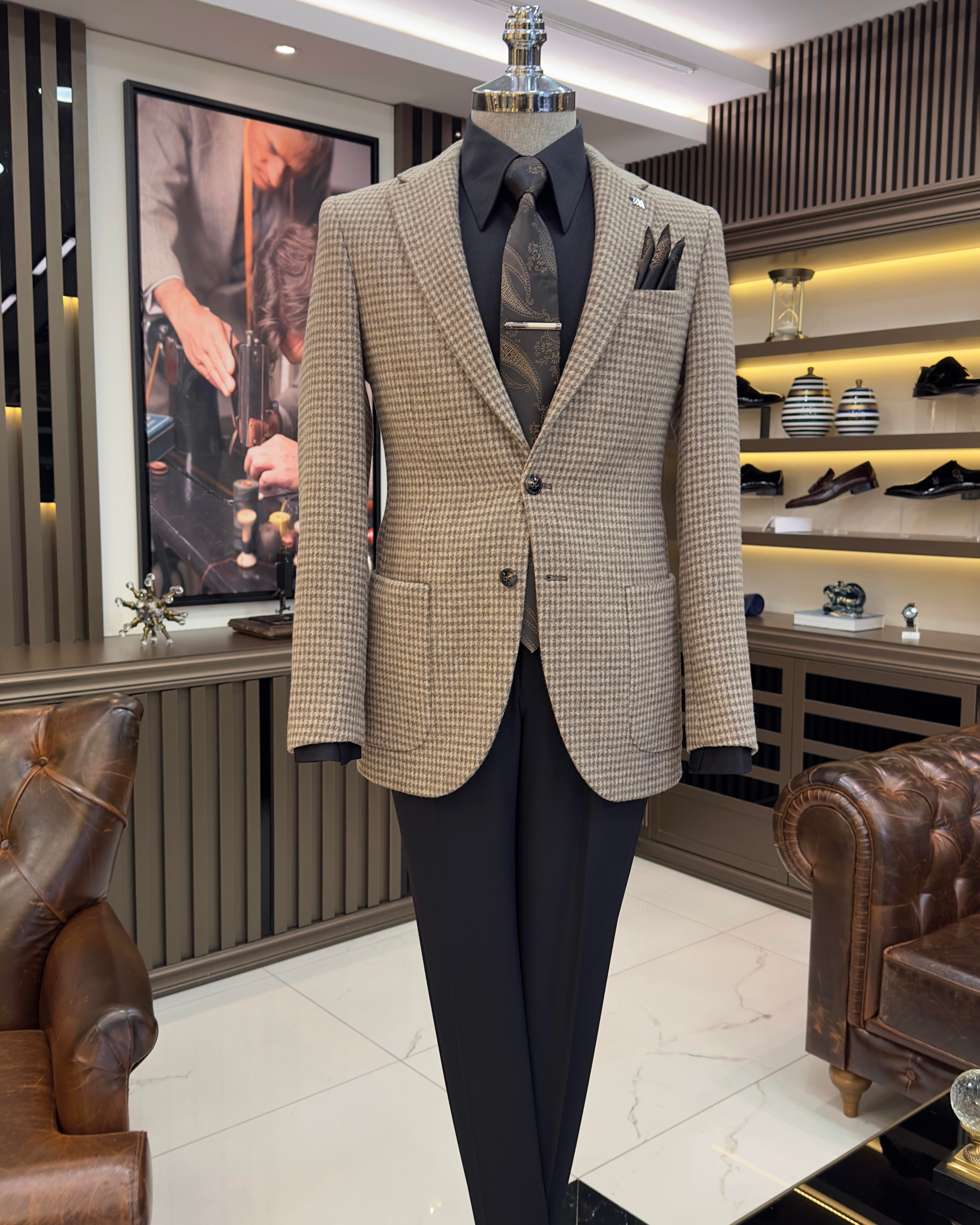 İtalyan stil slim fit mono yaka kaşe erkek ceket vizon T10930