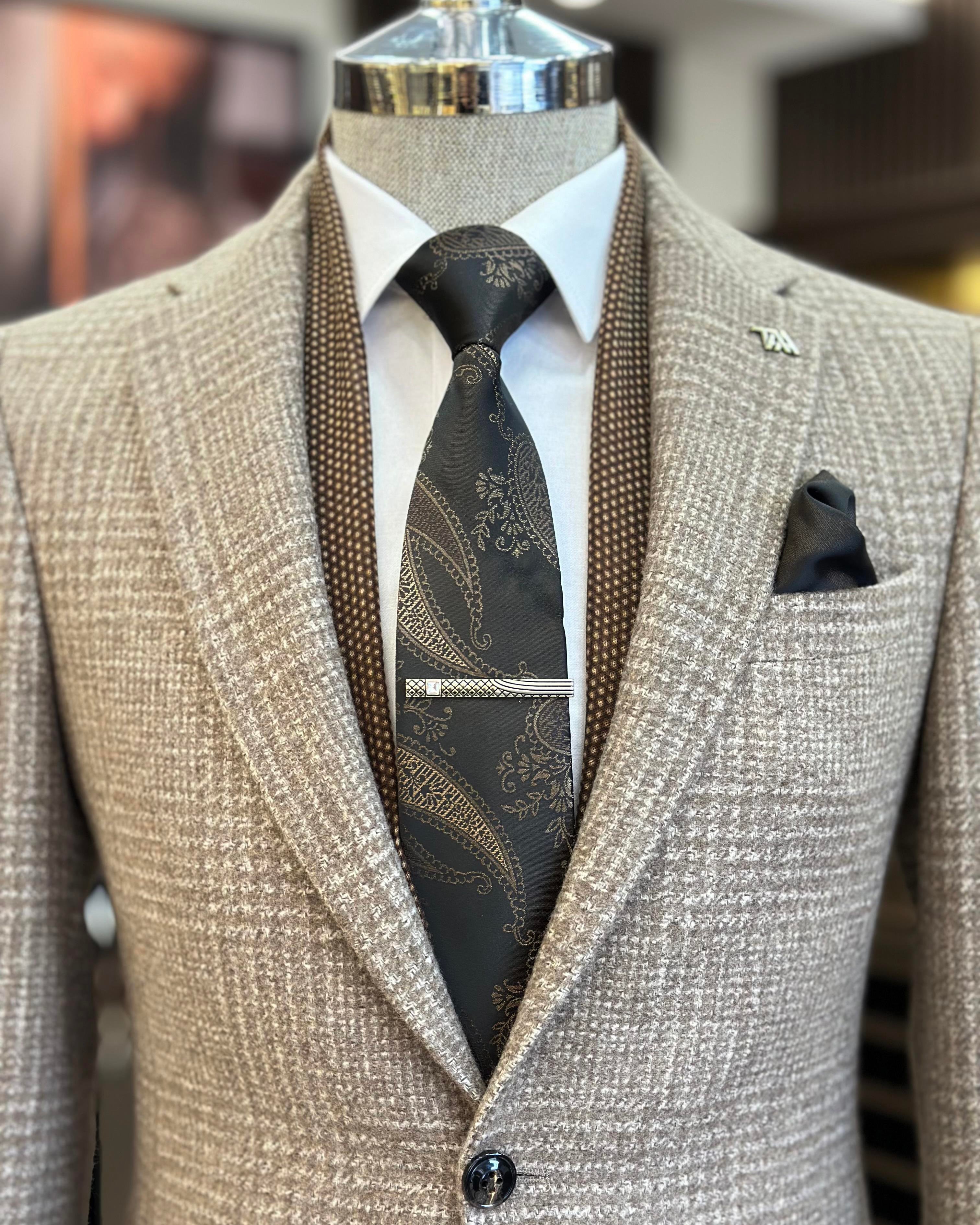 İtalyan stil slim fit mono yaka kaşe erkek ceket kahverengi T10955