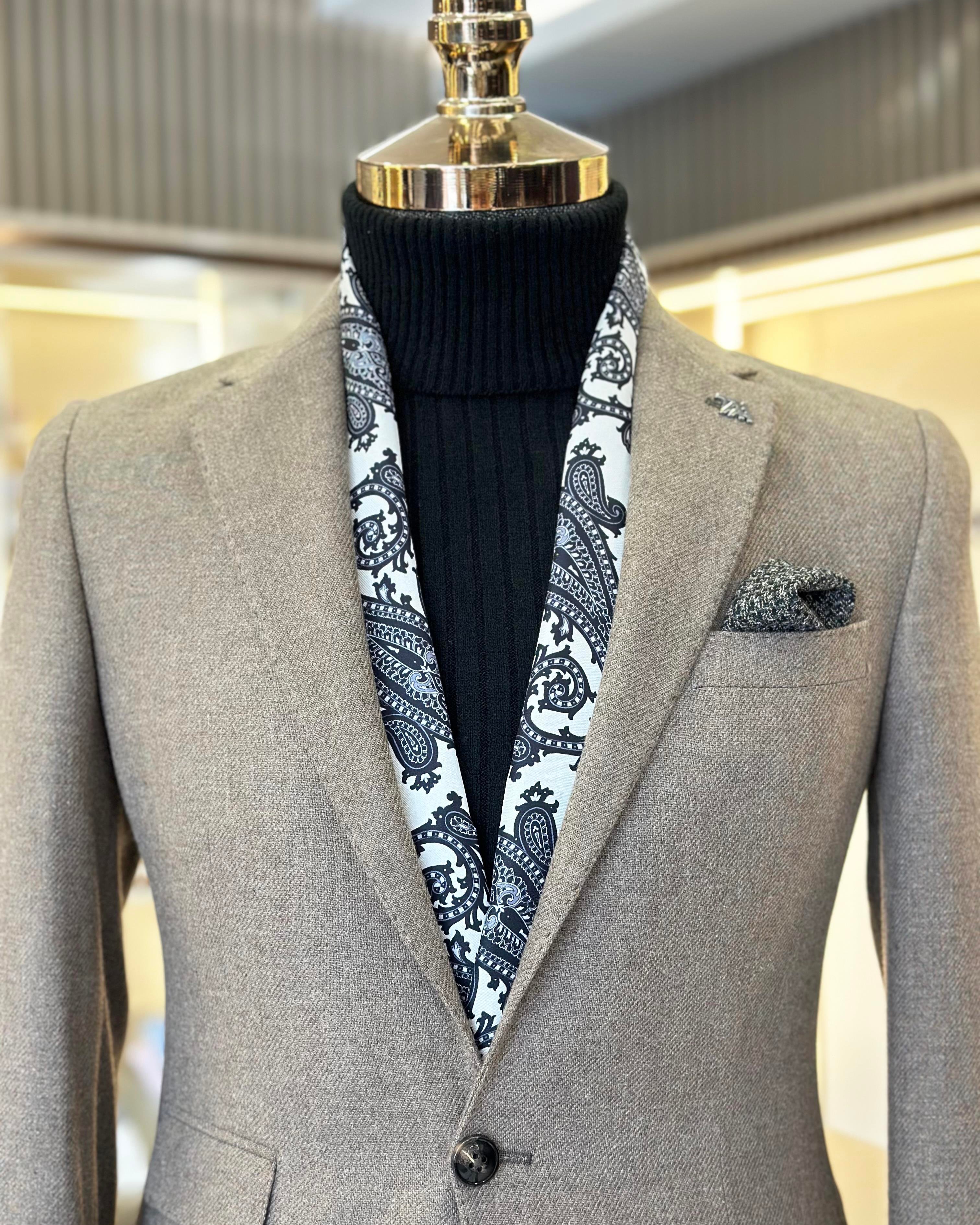 İtalyan stil slim fit mono yaka kaşe erkek ceket vizon T10942
