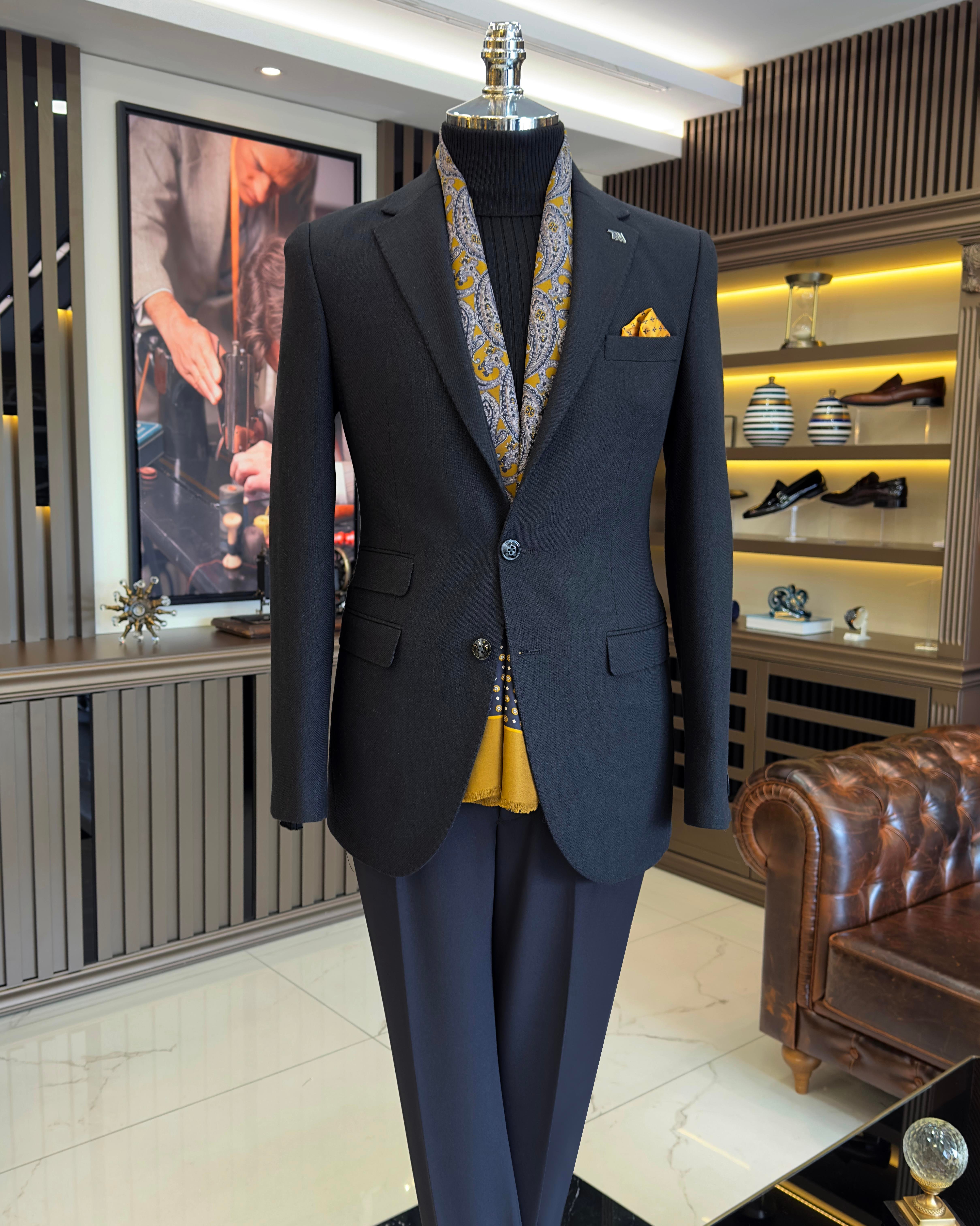 İtalyan stil slim fit mono yaka kaşe erkek ceket siyah T10937