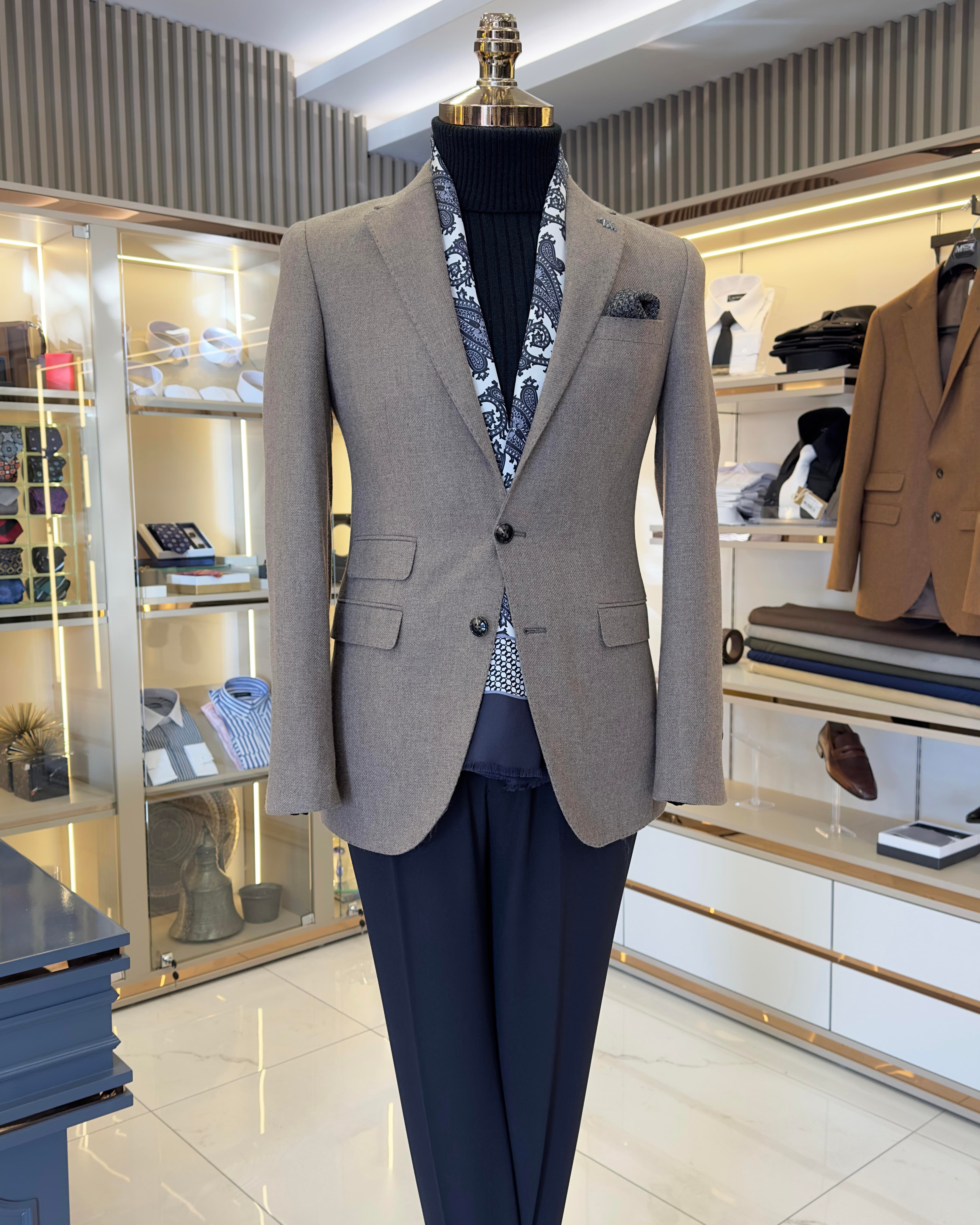 İtalyan stil slim fit mono yaka kaşe erkek ceket vizon T10942