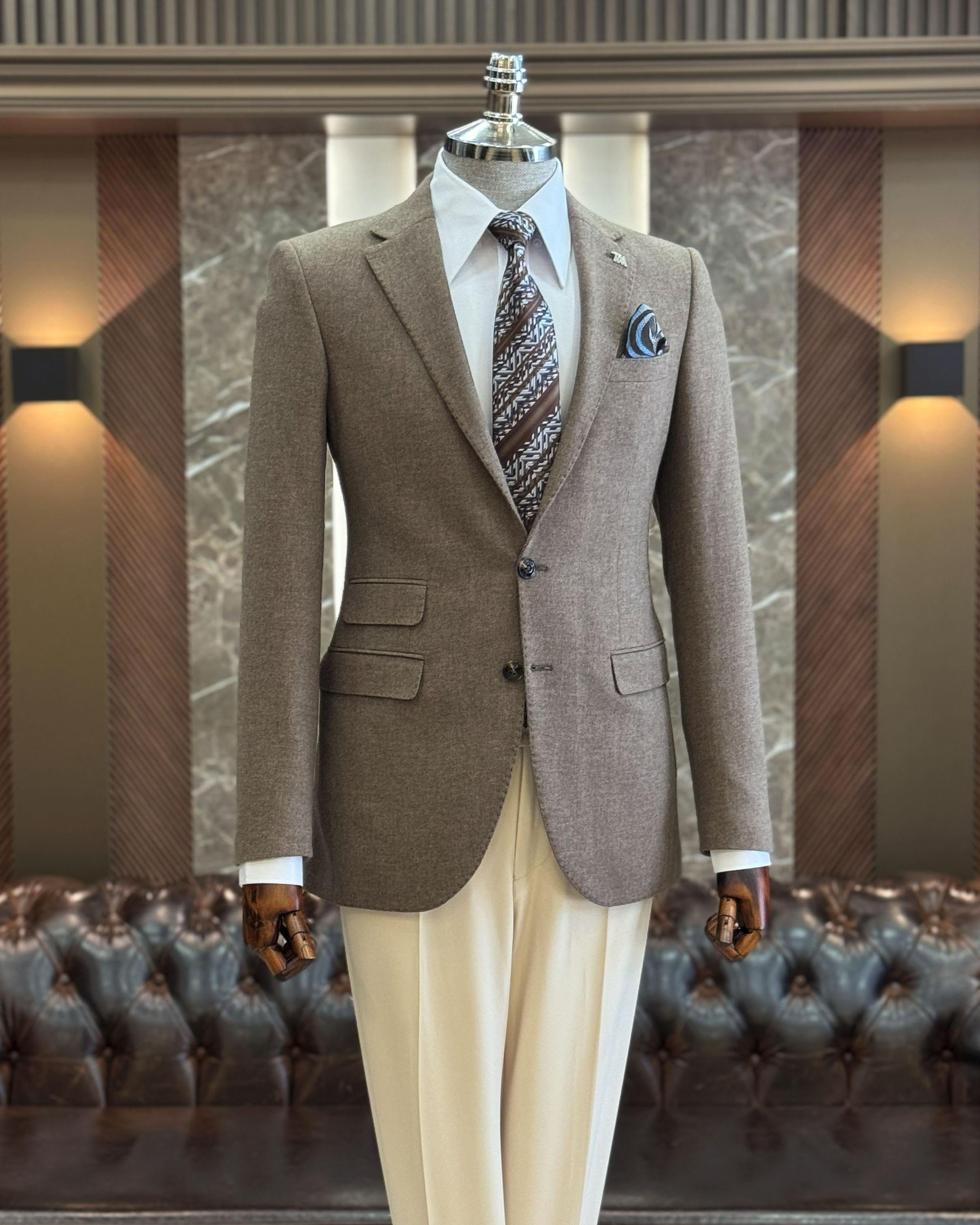 İtalyan stil slim fit mono yaka kaşe erkek ceket vizon T10942