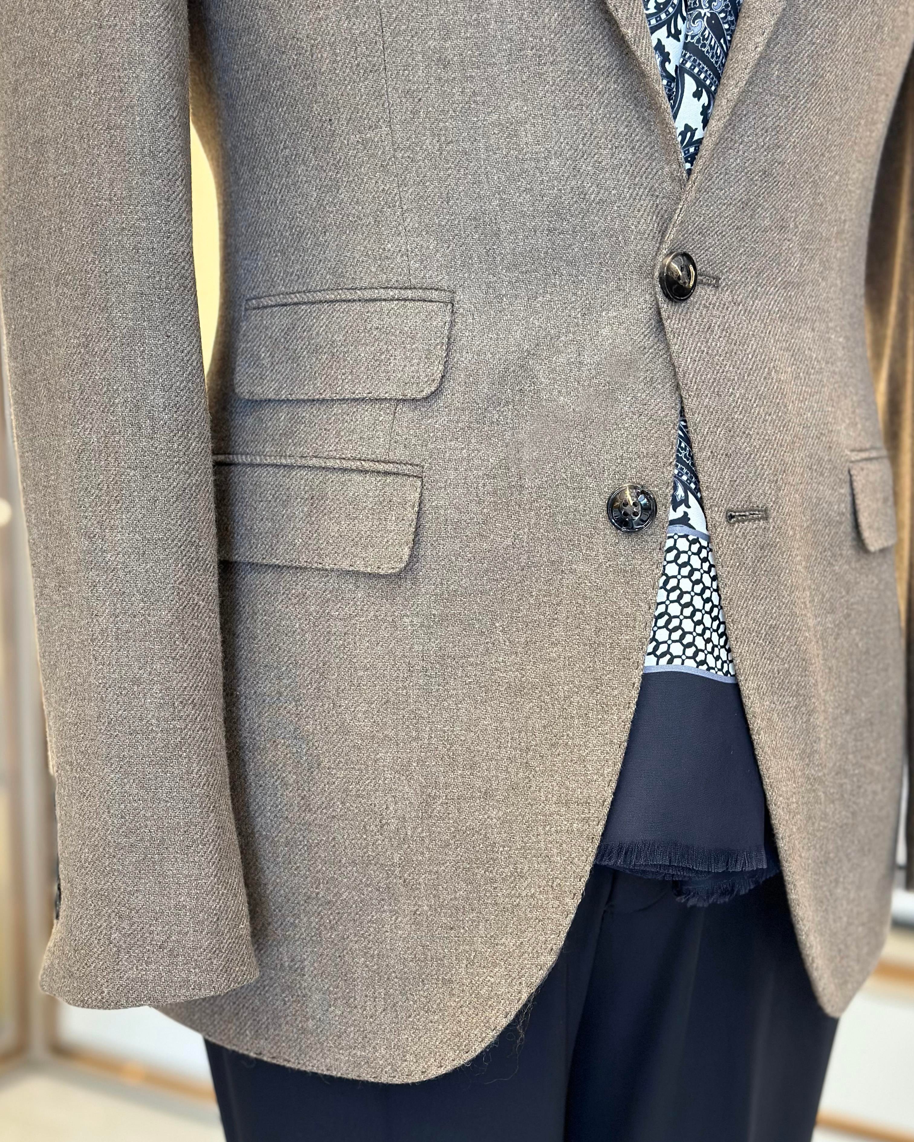 İtalyan stil slim fit mono yaka kaşe erkek ceket vizon T10942