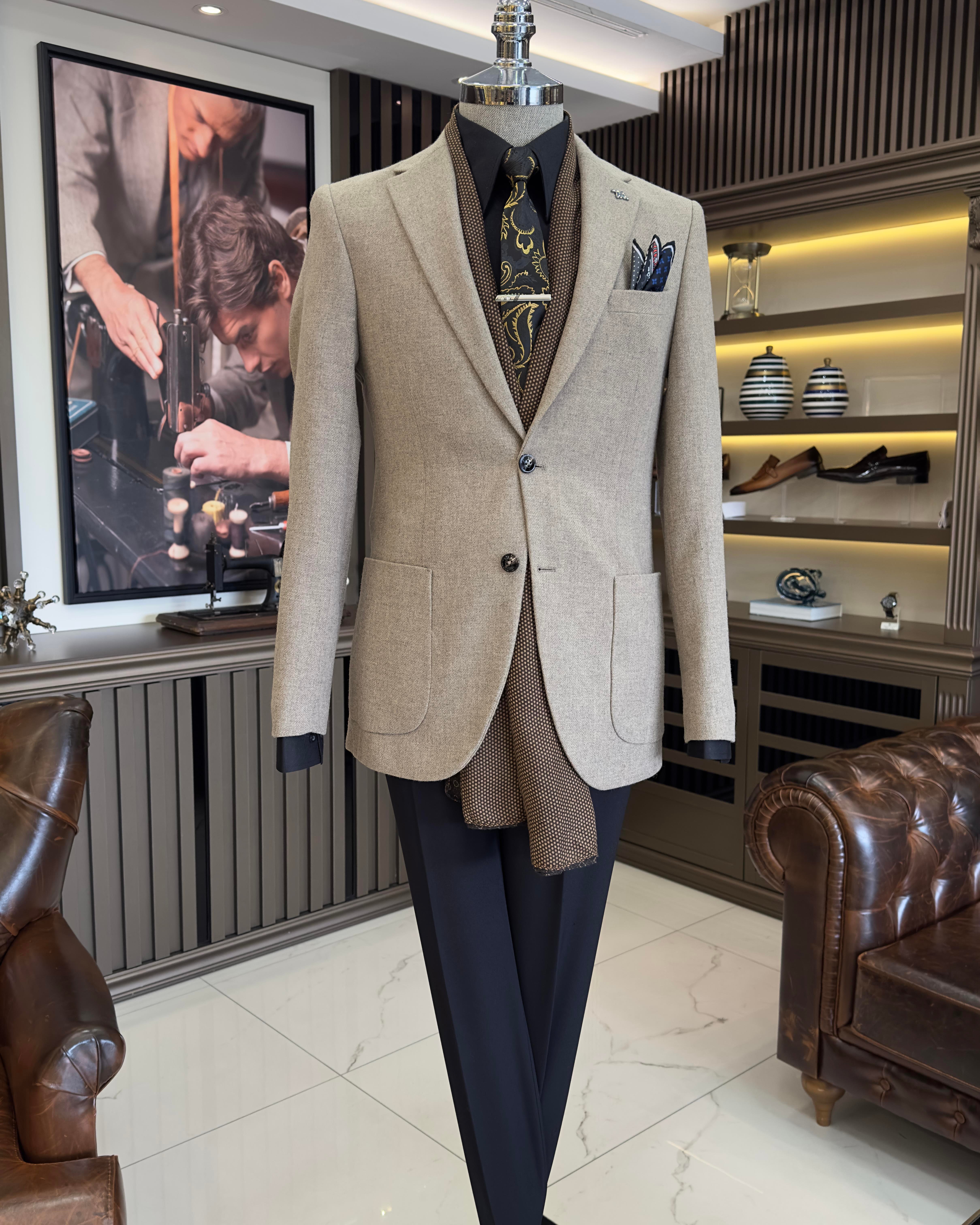 İtalyan stil slim fit mono yaka kaşe erkek ceket bej T10928