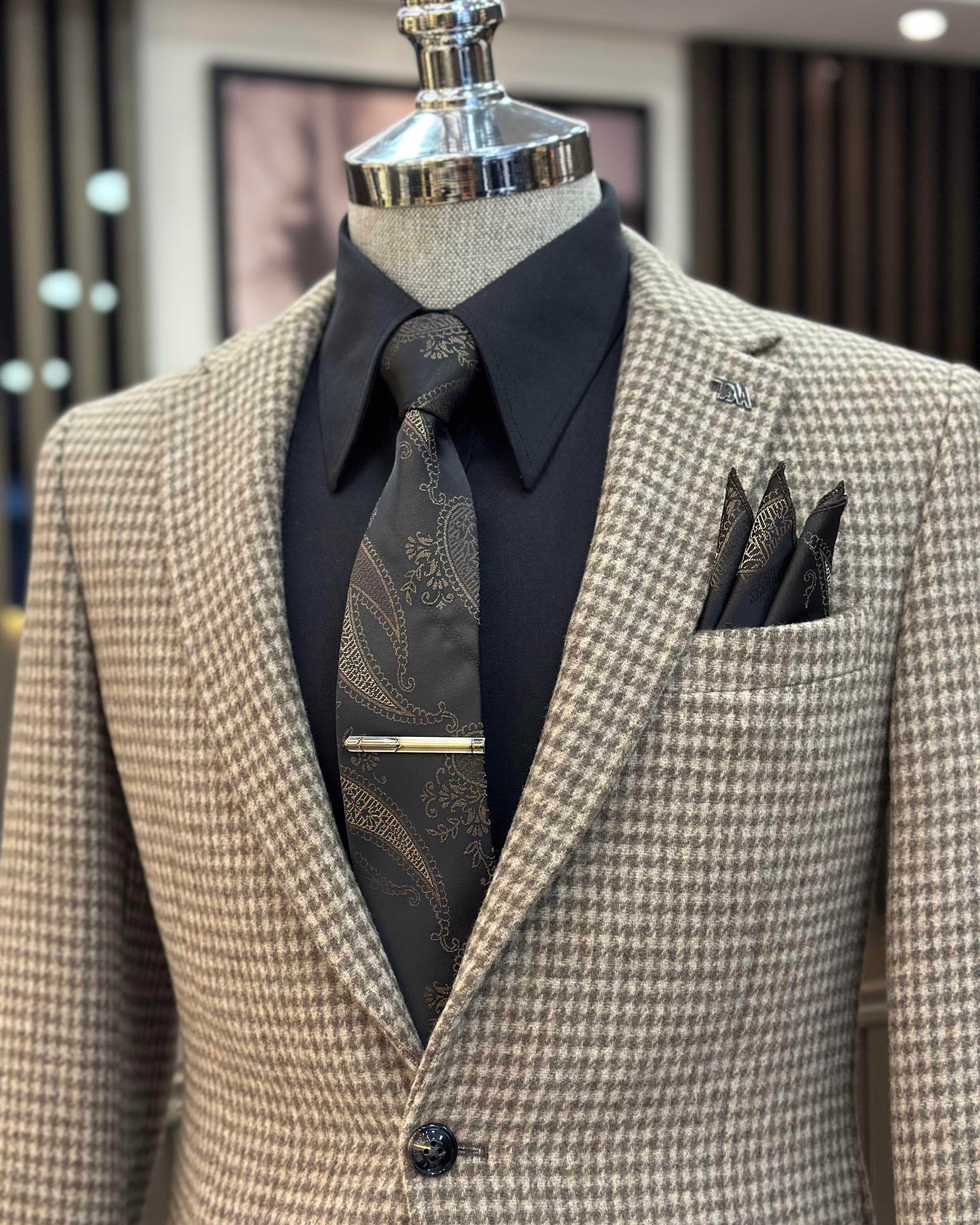 İtalyan stil slim fit mono yaka kaşe erkek ceket vizon T10930