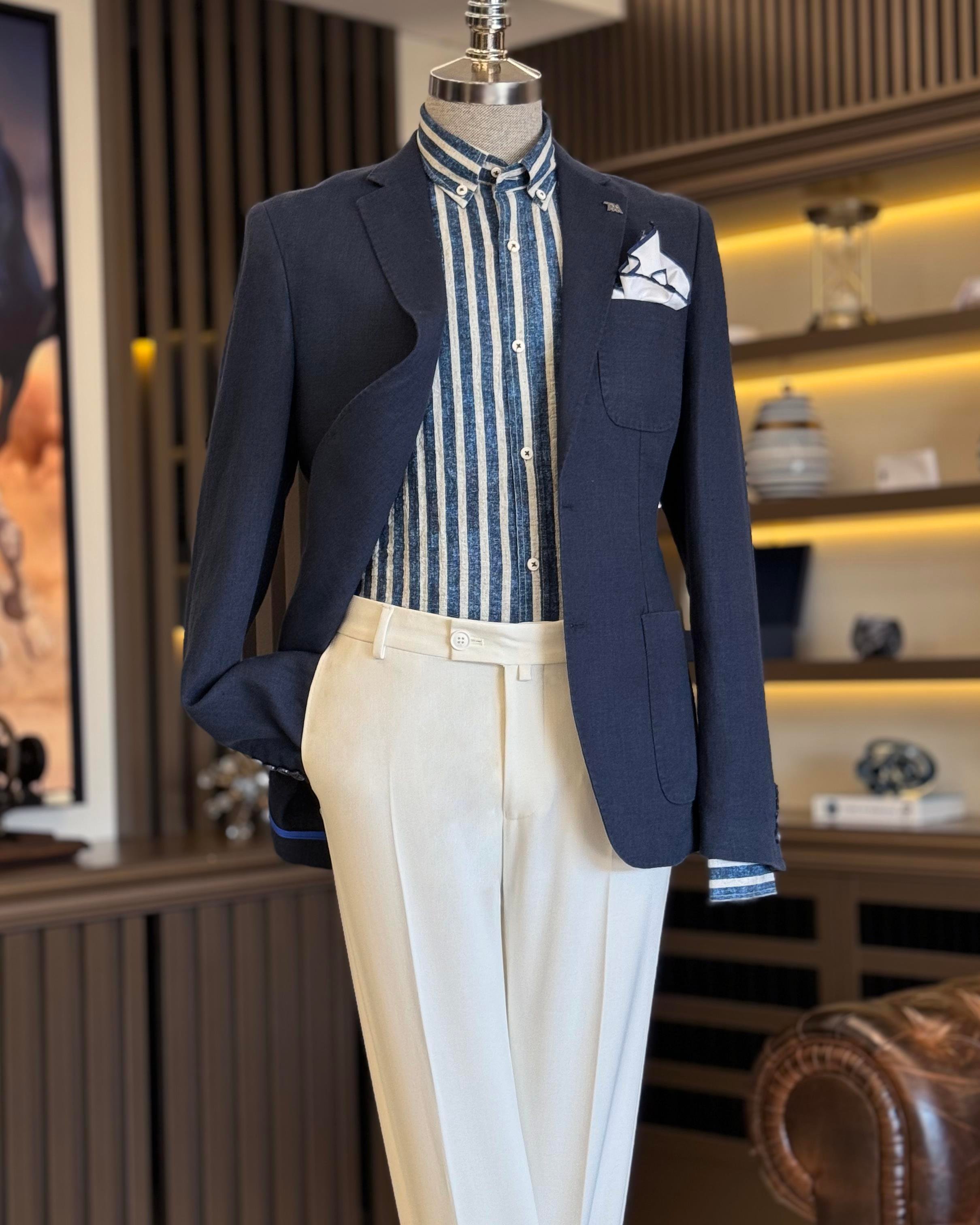 italyan stil slim fit mono yaka keten erkek ceket lacivert T11673
