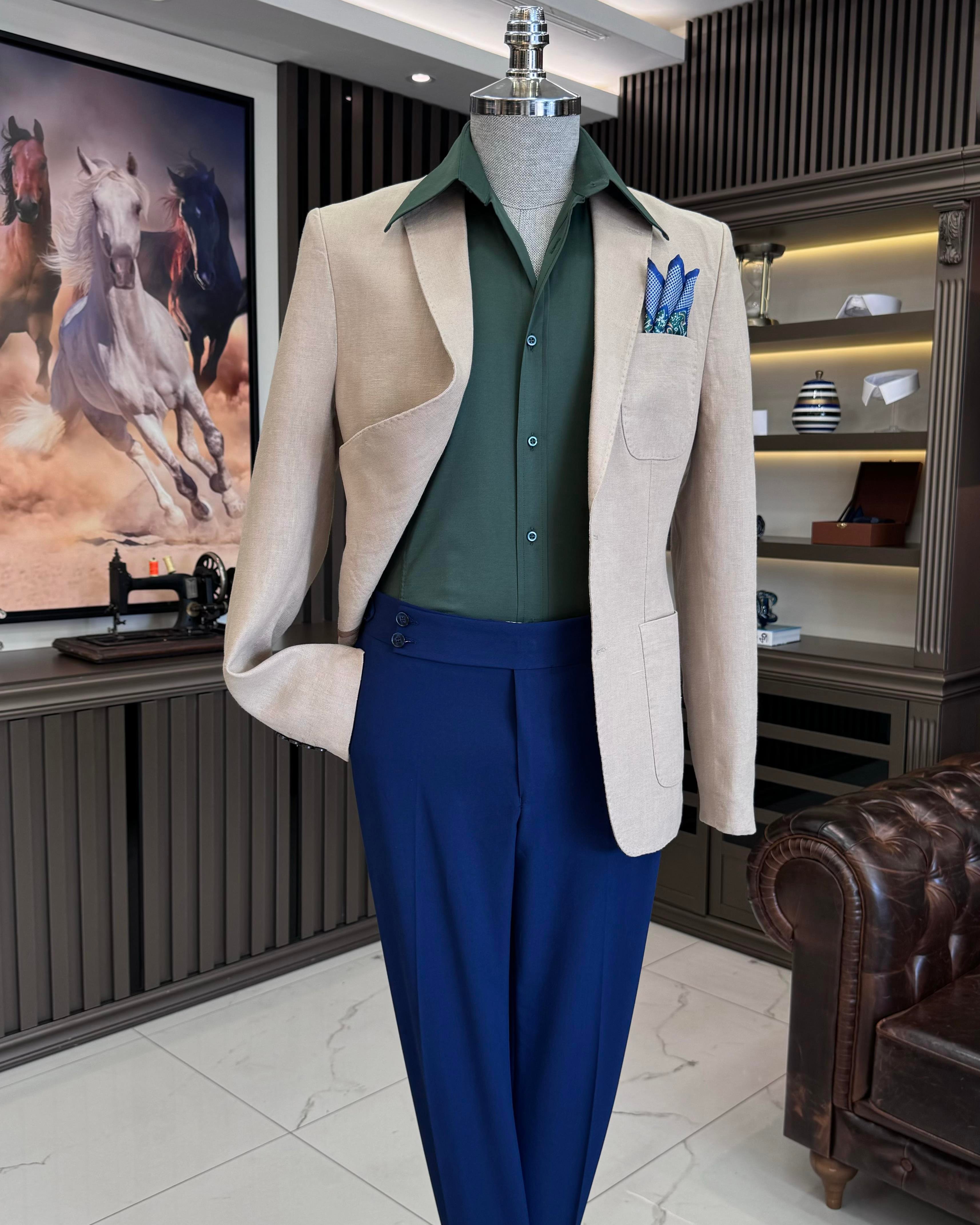 italyan stil slim fit mono yaka keten erkek ceket bej T11674