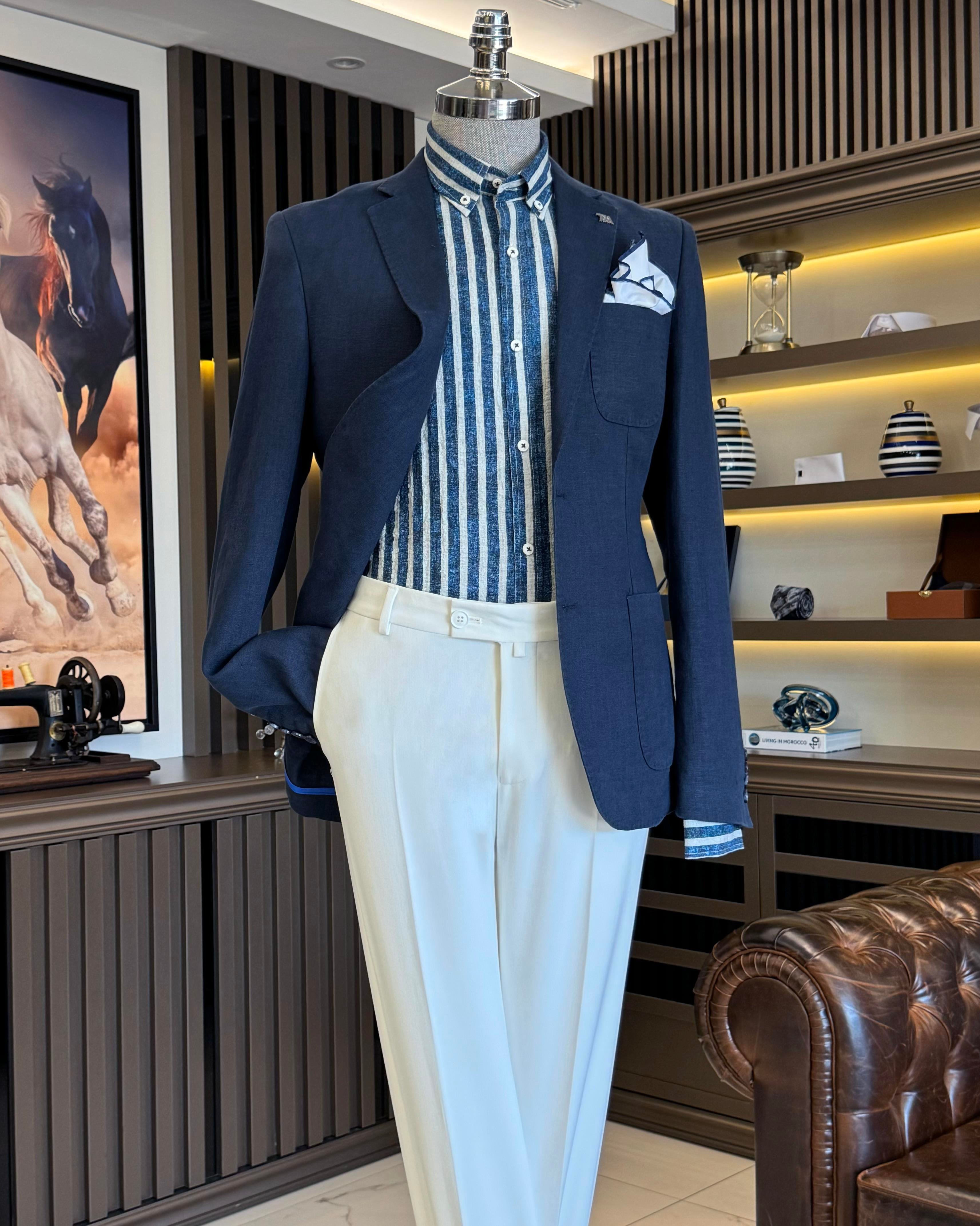 italyan stil slim fit mono yaka keten erkek ceket lacivert T11673